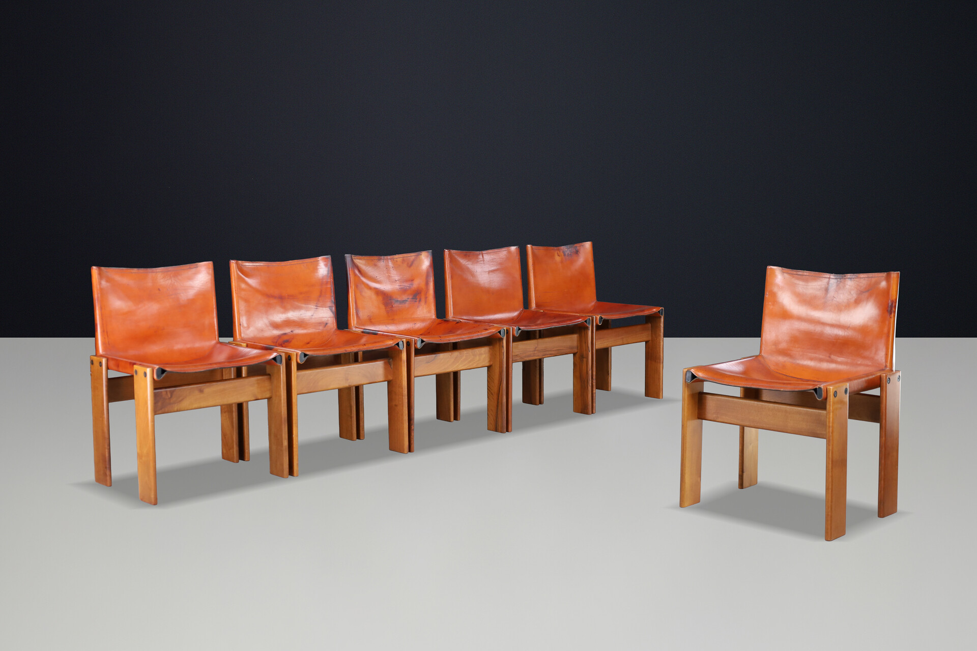 Mid century modern Afra & Tobia Scarpa ‘Monk’ Chairs in Patinated Leather & Walnut Frame, 1974 Late-20th century