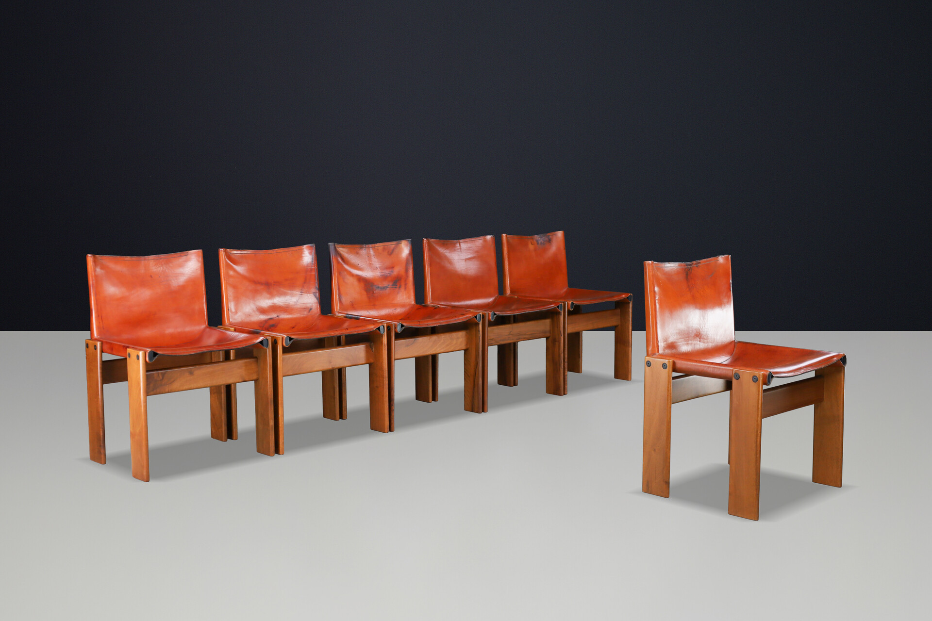 Mid century modern Afra & Tobia Scarpa ‘Monk’ Chairs in Patinated Leather & Walnut Frame, 1974 Late-20th century