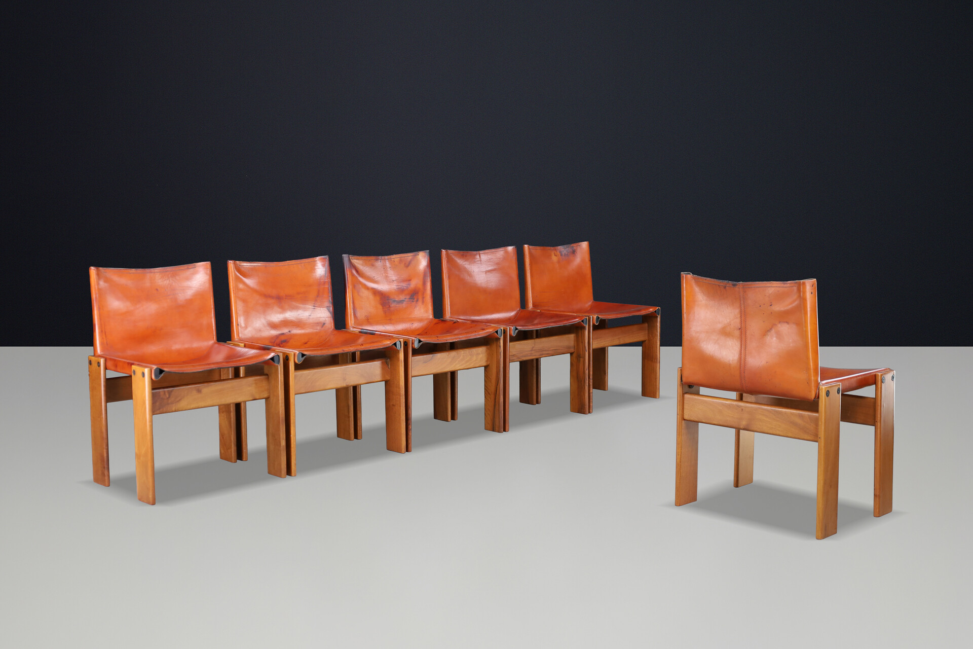 Mid century modern Afra & Tobia Scarpa ‘Monk’ Chairs in Patinated Leather & Walnut Frame, 1974 Late-20th century