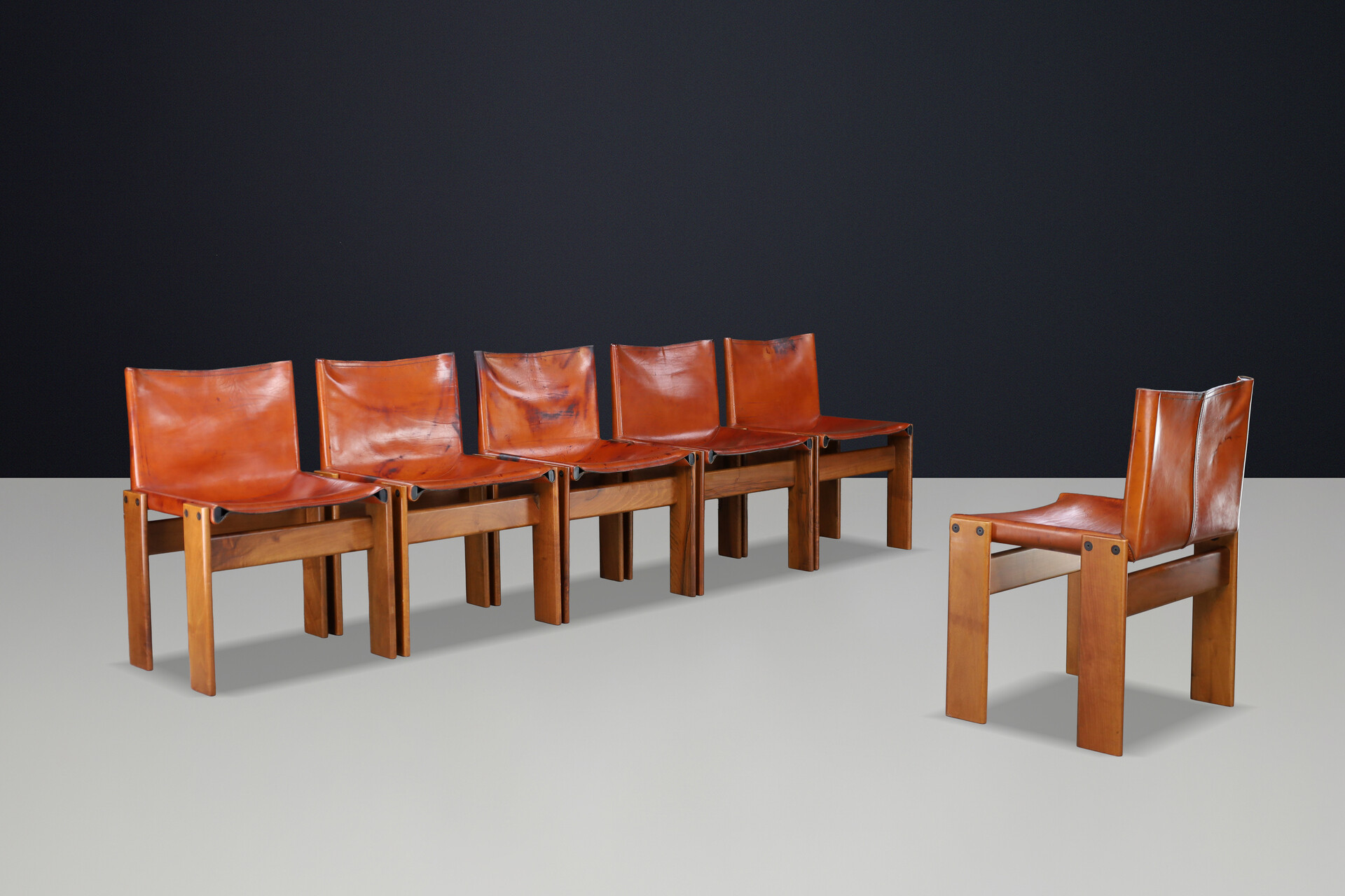 Mid century modern Afra & Tobia Scarpa ‘Monk’ Chairs in Patinated Leather & Walnut Frame, 1974 Late-20th century