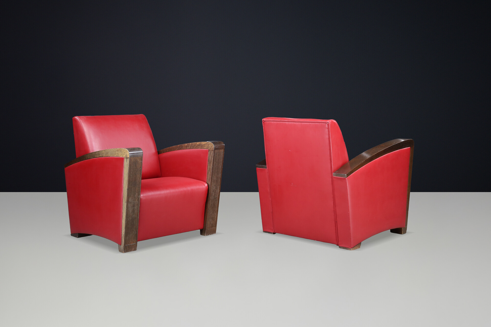 Mid century modern Architectural French Club Chair, Solid Wood Arms, Exceptional Patina, Late 1940s Mid-20th century