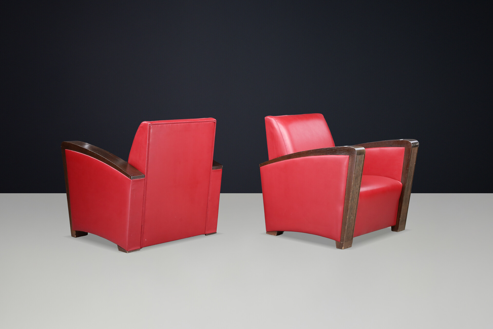 Mid century modern Architectural French Club Chair, Solid Wood Arms, Exceptional Patina, Late 1940s Mid-20th century