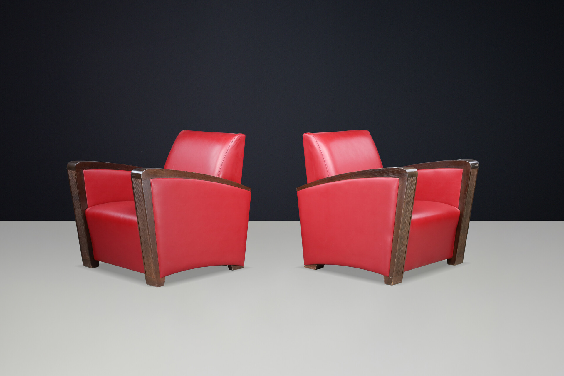 Mid century modern Architectural French Club Chair, Solid Wood Arms, Exceptional Patina, Late 1940s Mid-20th century