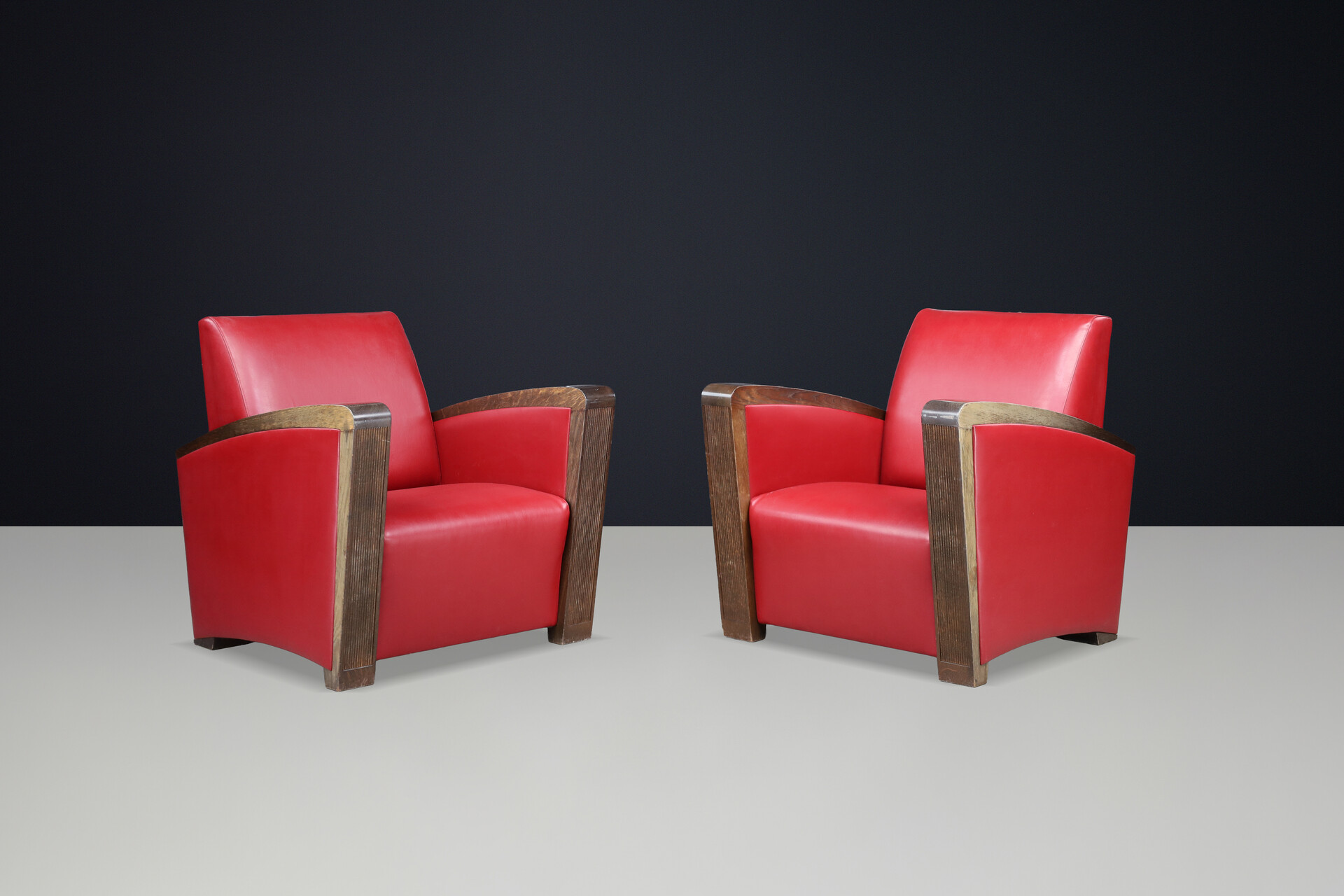 Mid century modern Architectural French Club Chair, Solid Wood Arms, Exceptional Patina, Late 1940s Mid-20th century