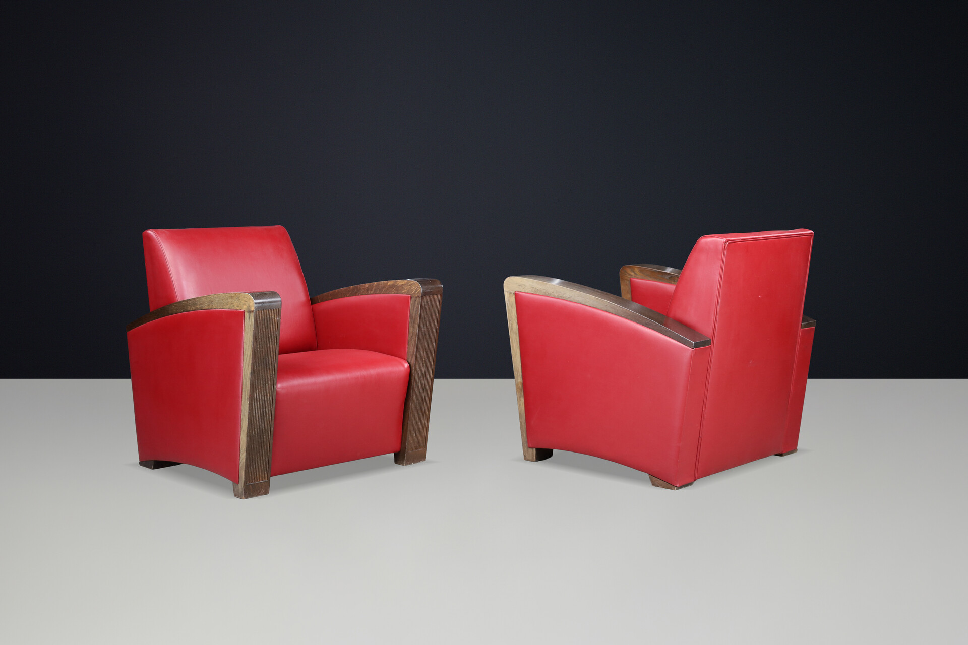 Mid century modern Architectural French Club Chair, Solid Wood Arms, Exceptional Patina, Late 1940s Mid-20th century