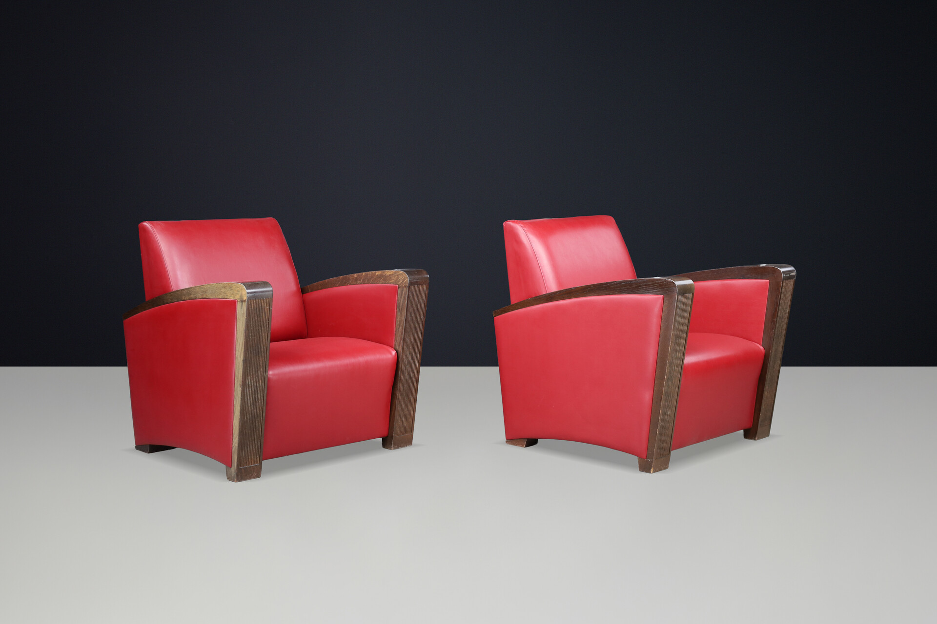 Mid century modern Architectural French Club Chair, Solid Wood Arms, Exceptional Patina, Late 1940s Mid-20th century