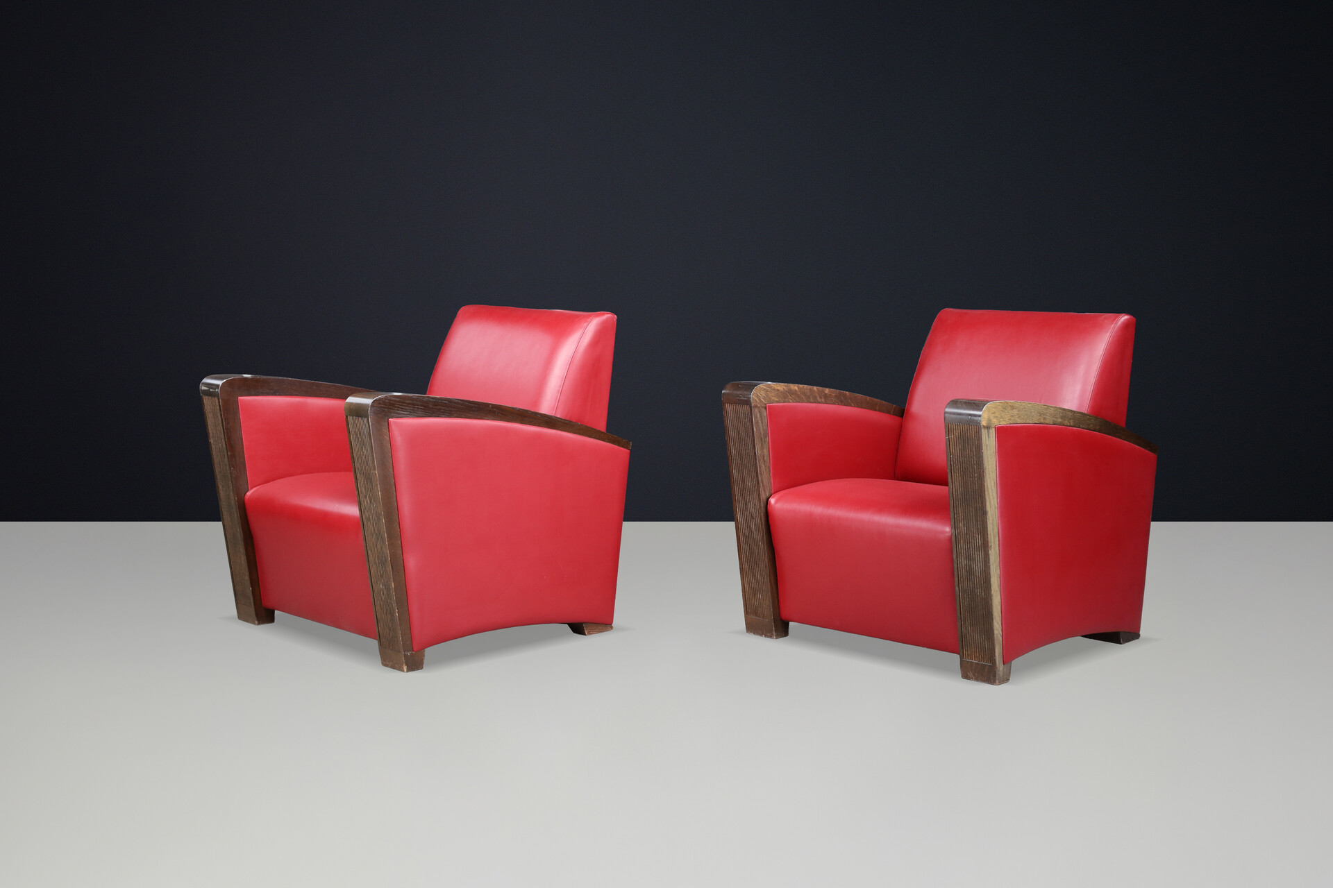 Mid century modern Architectural French Club Chair, Solid Wood Arms, Exceptional Patina, Late 1940s Mid-20th century