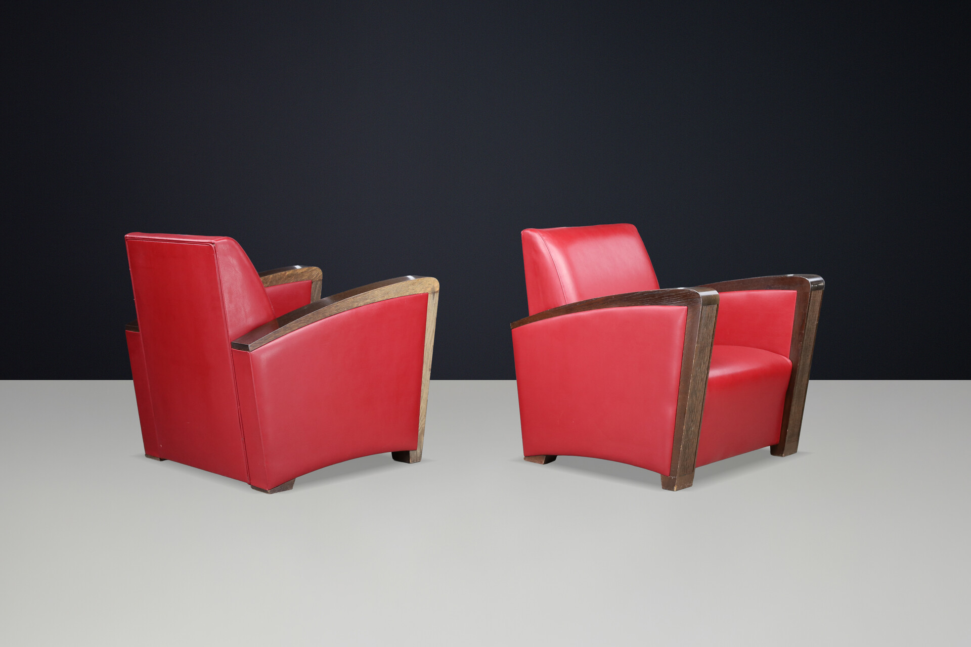 Mid century modern Architectural French Club Chair, Solid Wood Arms, Exceptional Patina, Late 1940s Mid-20th century