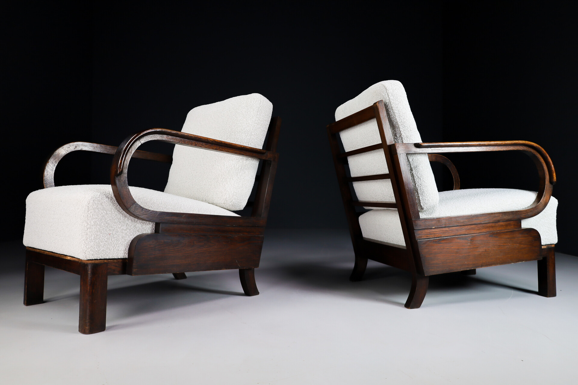 Mid century modern Art Deco lounge chairs in Patinated oak and reupholstered bouclé wool fabric, Praque 1930s Mid-20th century
