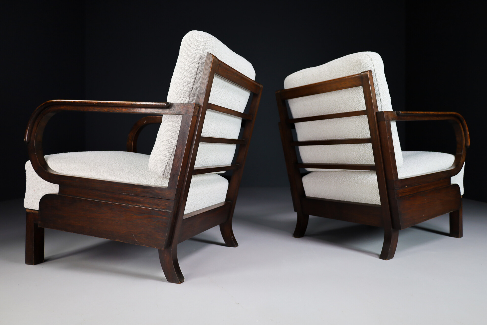 Mid century modern Art Deco lounge chairs in Patinated oak and reupholstered bouclé wool fabric, Praque 1930s Mid-20th century