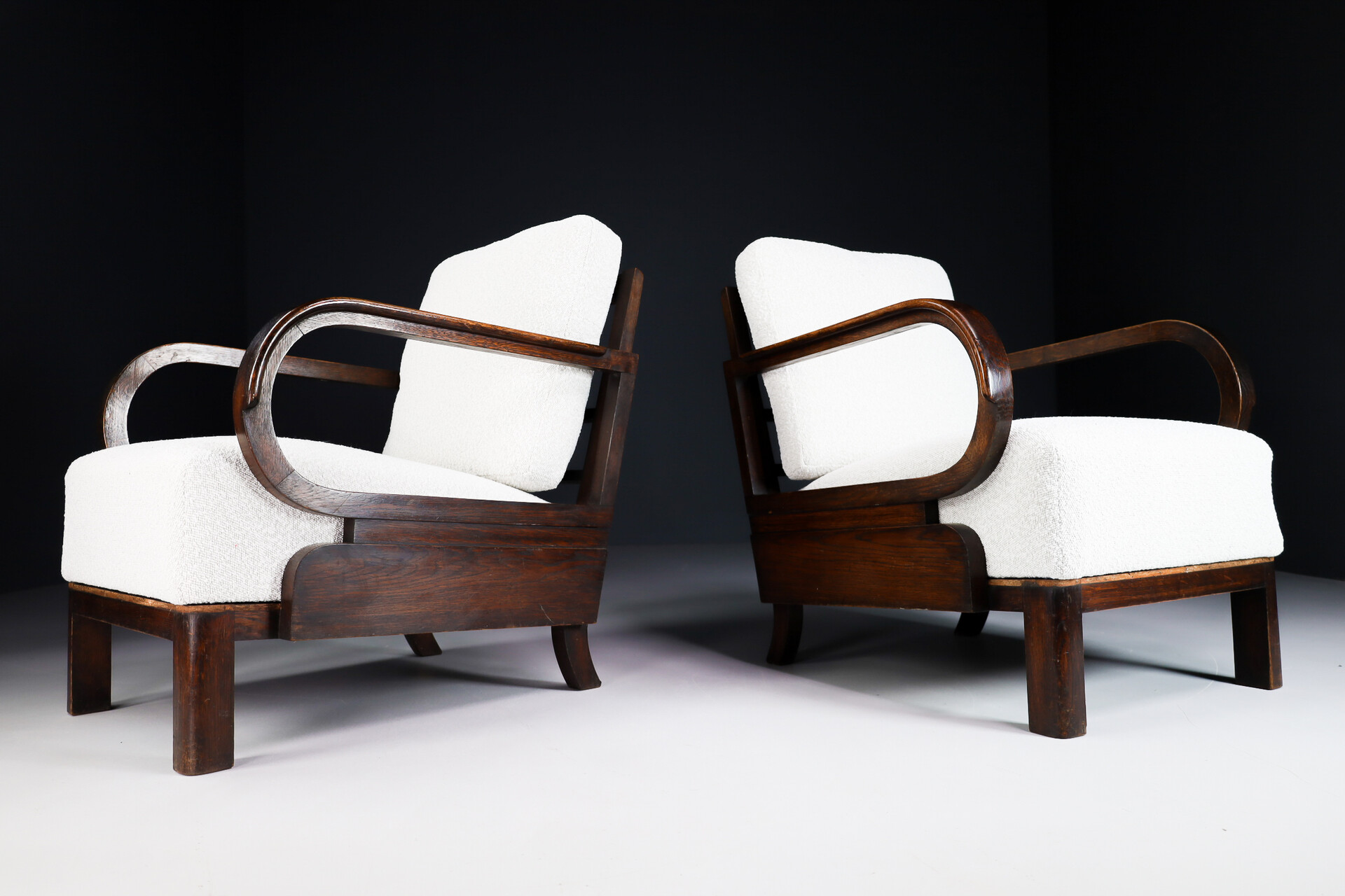 Mid century modern Art Deco lounge chairs in Patinated oak and reupholstered bouclé wool fabric, Praque 1930s Mid-20th century