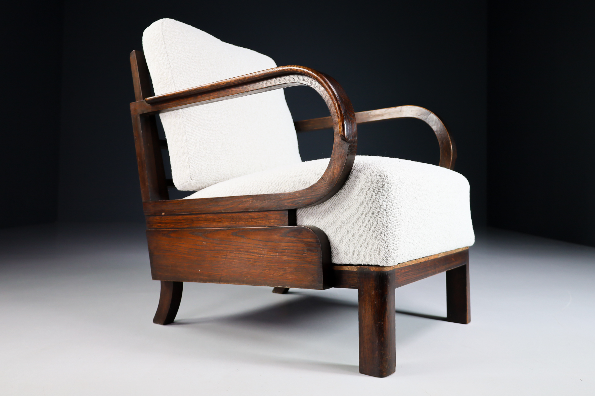 Mid century modern Art Deco lounge chairs in Patinated oak and reupholstered bouclé wool fabric, Praque 1930s Mid-20th century