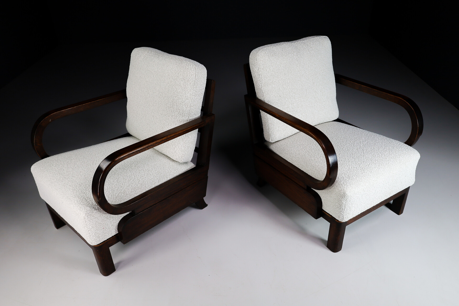 Mid century modern Art Deco lounge chairs in Patinated oak and reupholstered bouclé wool fabric, Praque 1930s Mid-20th century