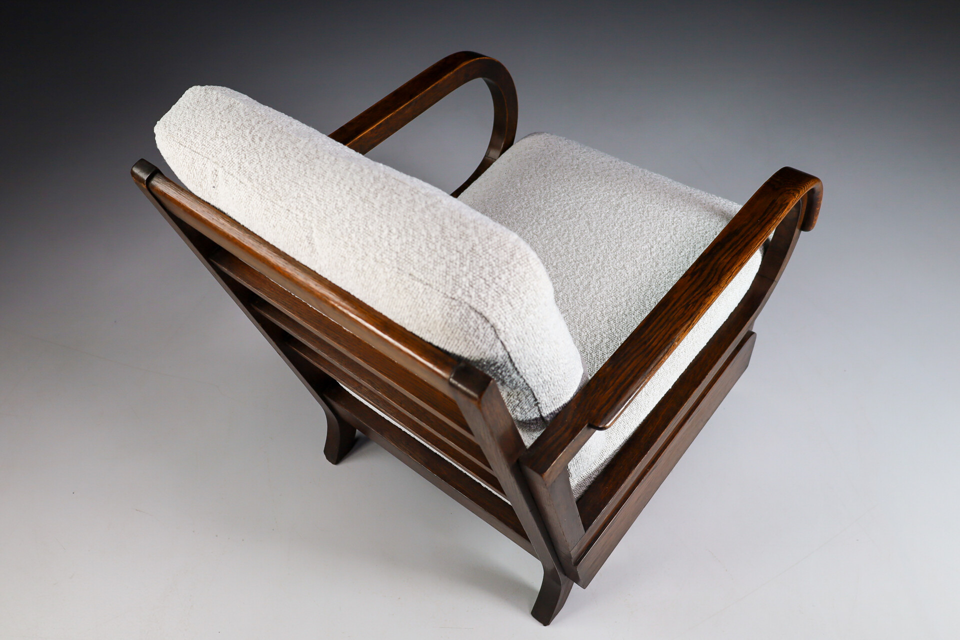 Mid century modern Art Deco lounge chairs in Patinated oak and reupholstered bouclé wool fabric, Praque 1930s Mid-20th century
