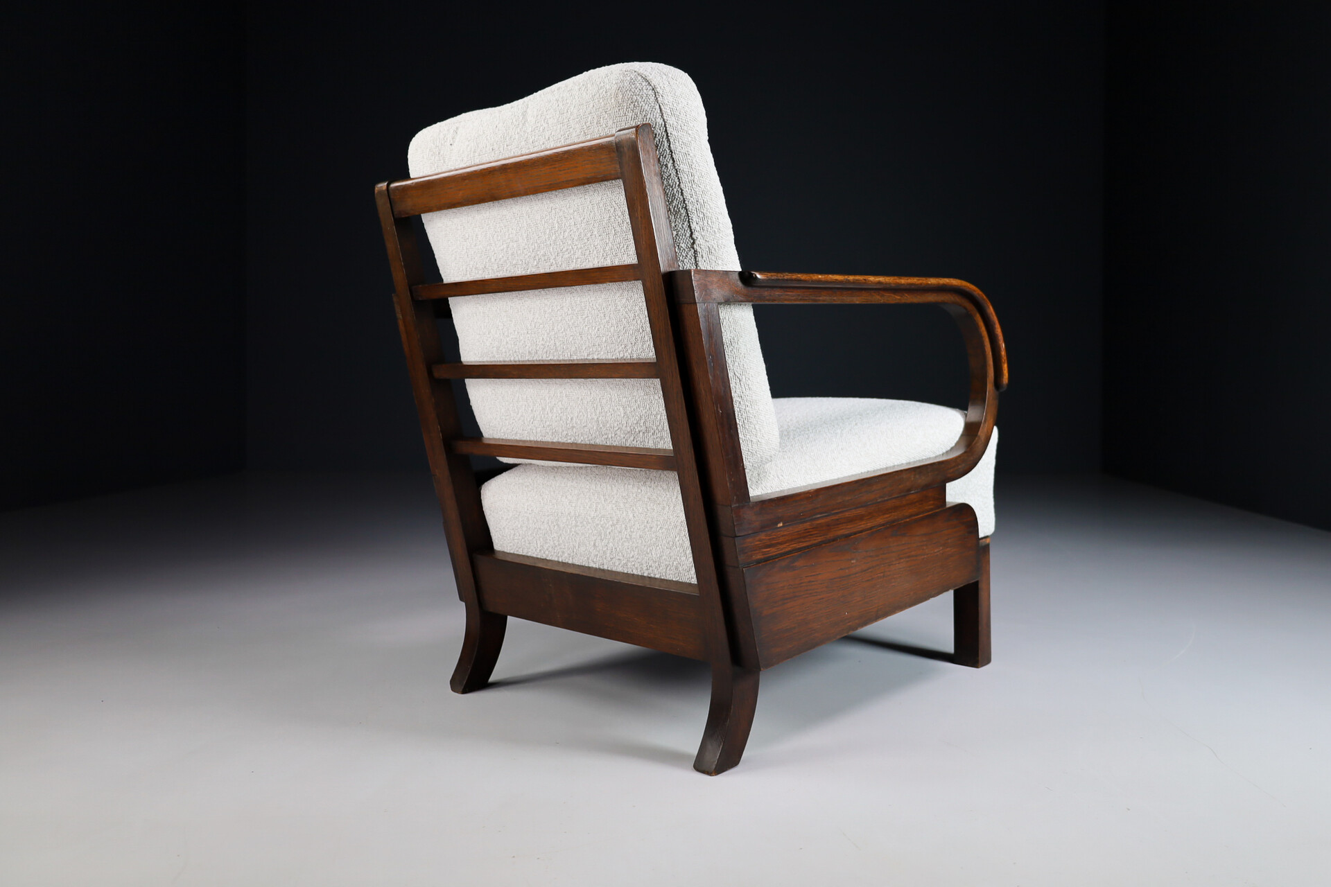 Mid century modern Art Deco lounge chairs in Patinated oak and reupholstered bouclé wool fabric, Praque 1930s Mid-20th century