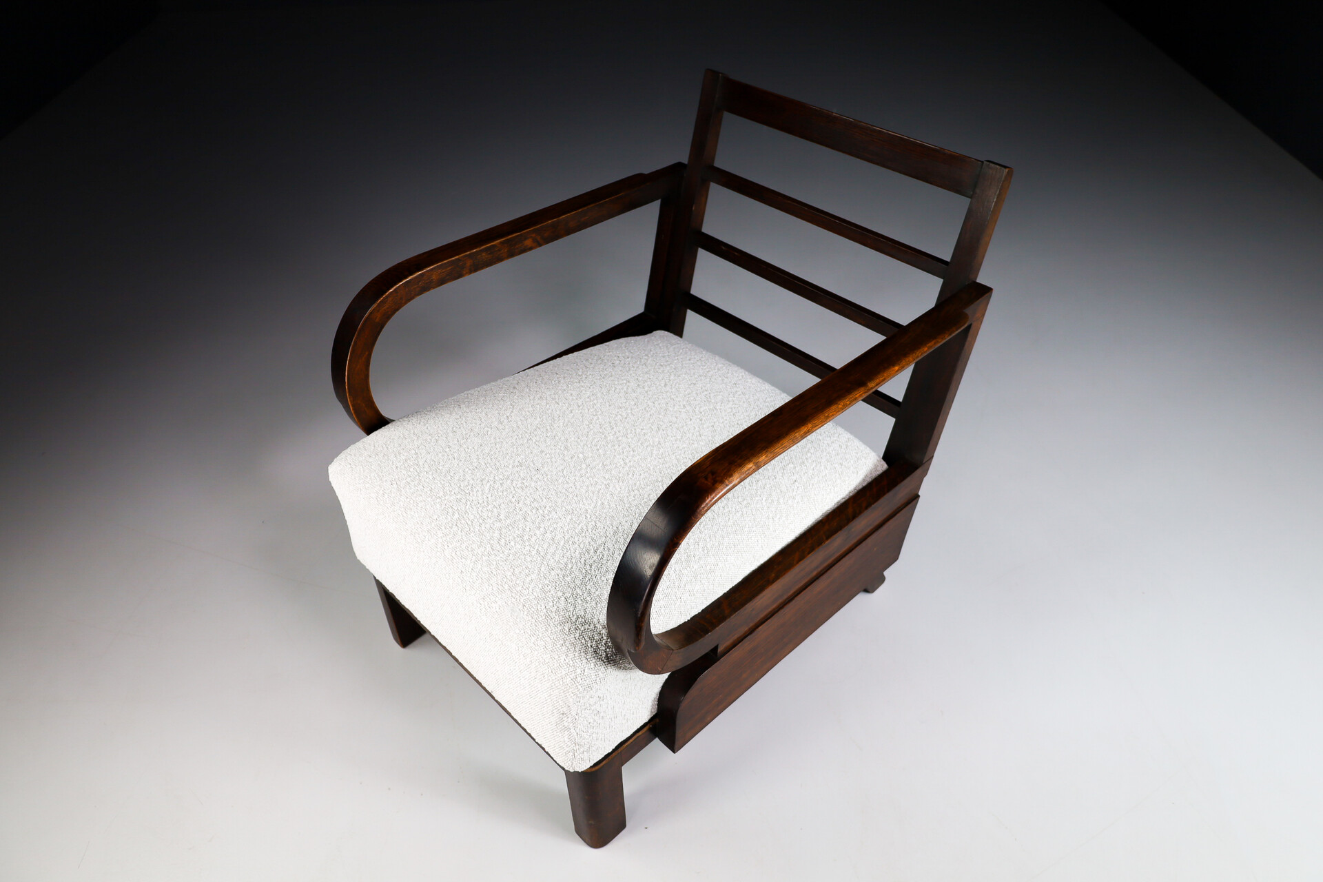 Mid century modern Art Deco lounge chairs in Patinated oak and reupholstered bouclé wool fabric, Praque 1930s Mid-20th century
