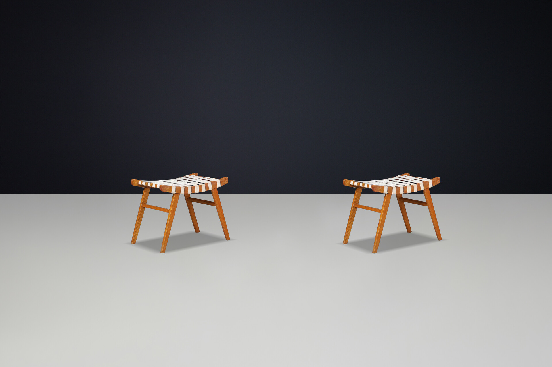 Mid century modern Ash wood and  canvas stools Praque 1950s Mid-20th century