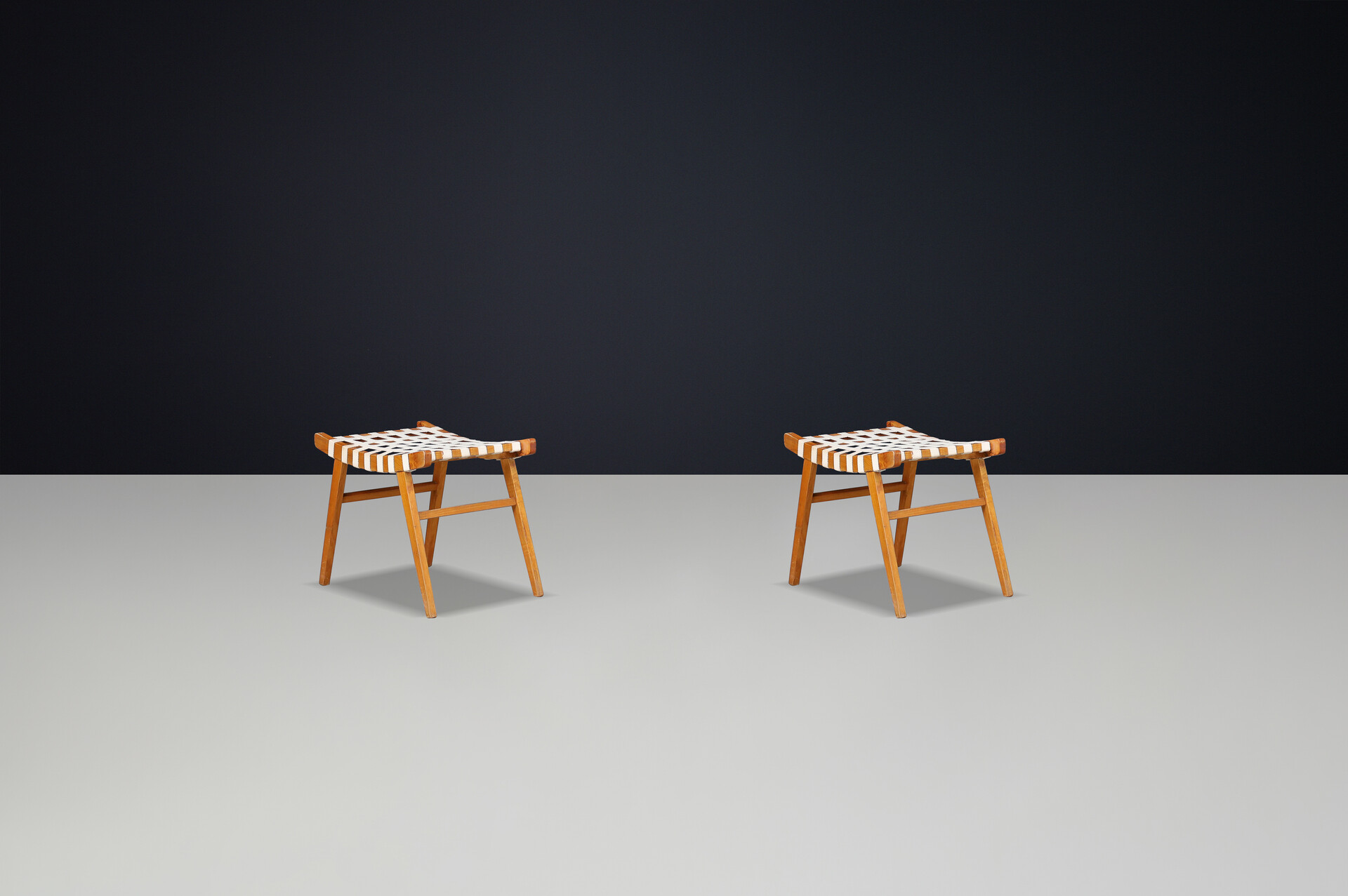 Mid century modern Ash wood and  canvas stools Praque 1950s Mid-20th century