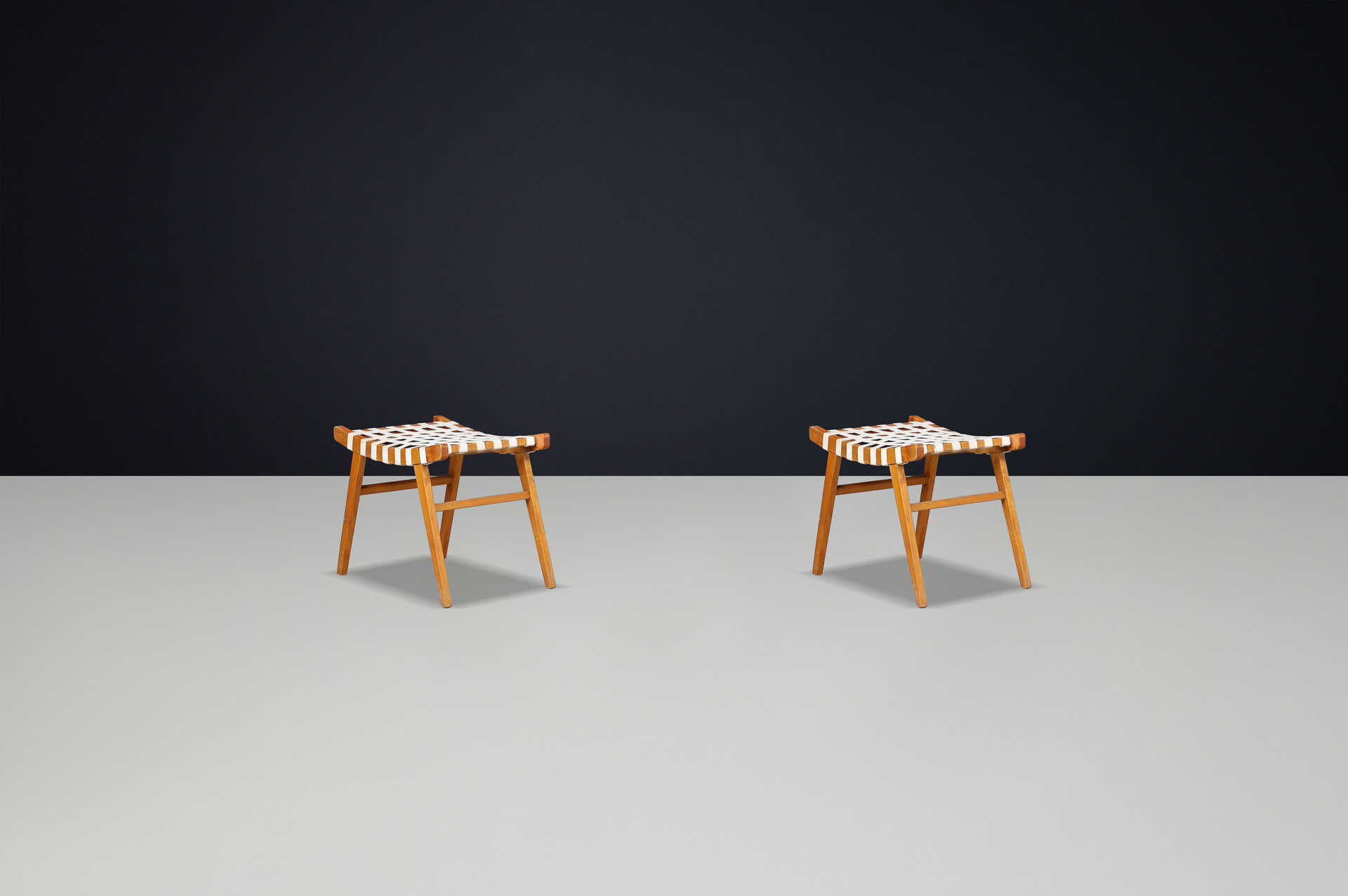 Mid century modern Ash wood and  canvas stools Praque 1950s Mid-20th century
