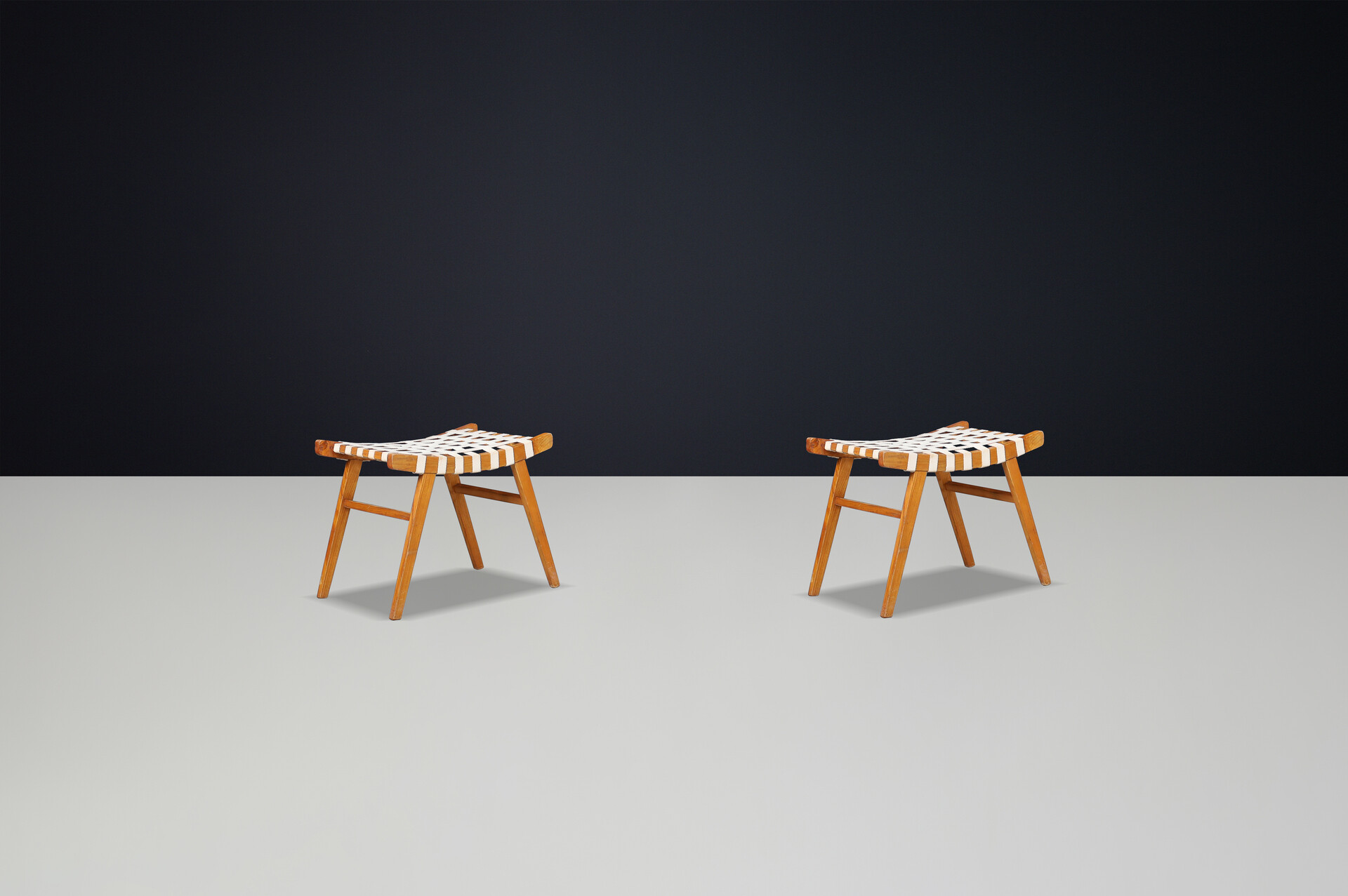 Mid century modern Ash wood and  canvas stools Praque 1950s Mid-20th century