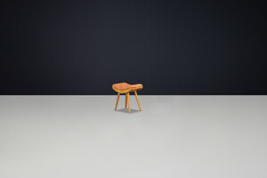 Mid century modern Ash wood and upholstery stool Praque 1950s Mid-20th century