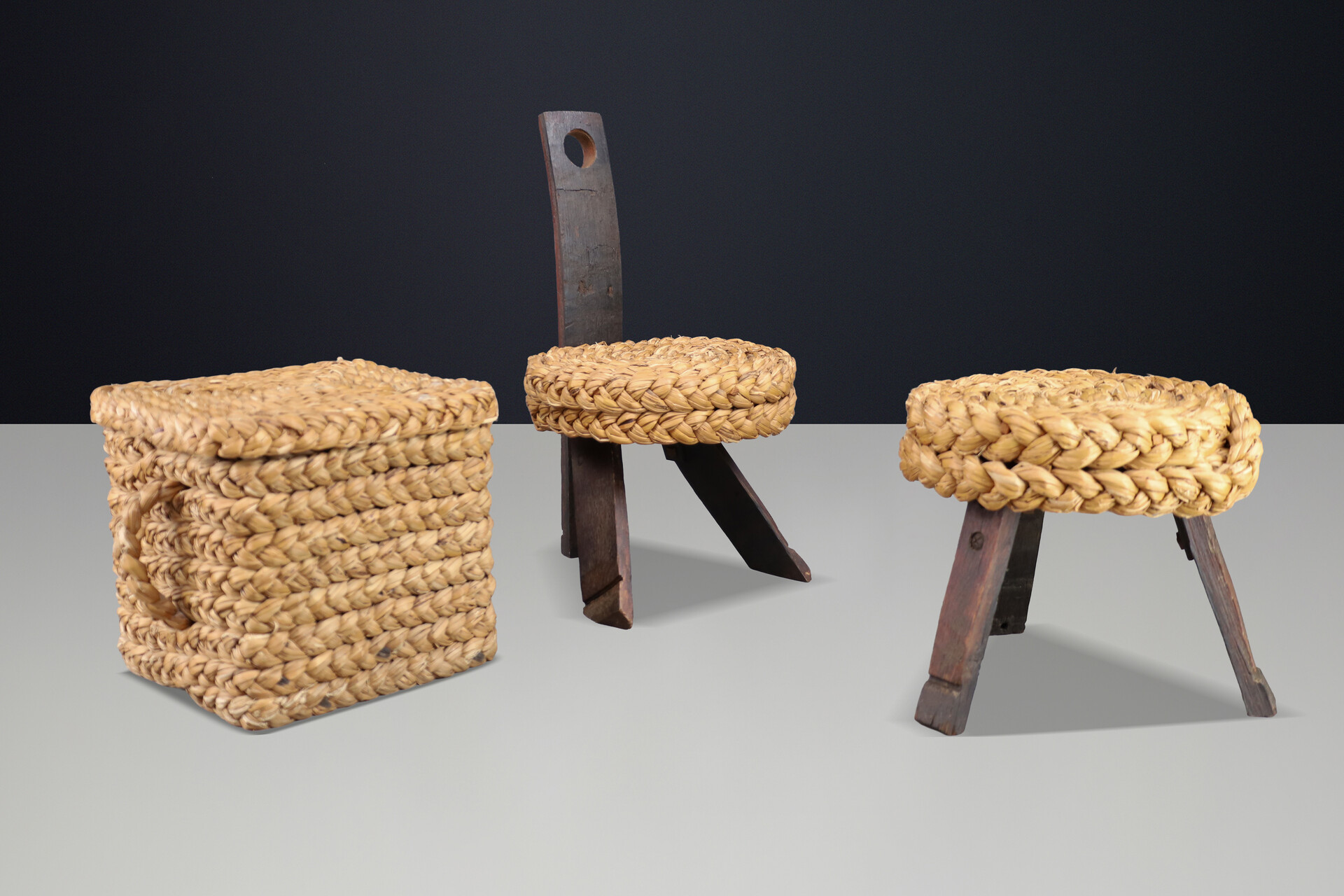 Mid century modern Audoux Minet Rope Chair, Stool & Basket, France, 1960s Set Mid-20th century