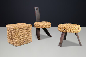 Mid century modern Audoux Minet Rope Chair, Stool & Basket, France, 1960s Set Mid-20th century