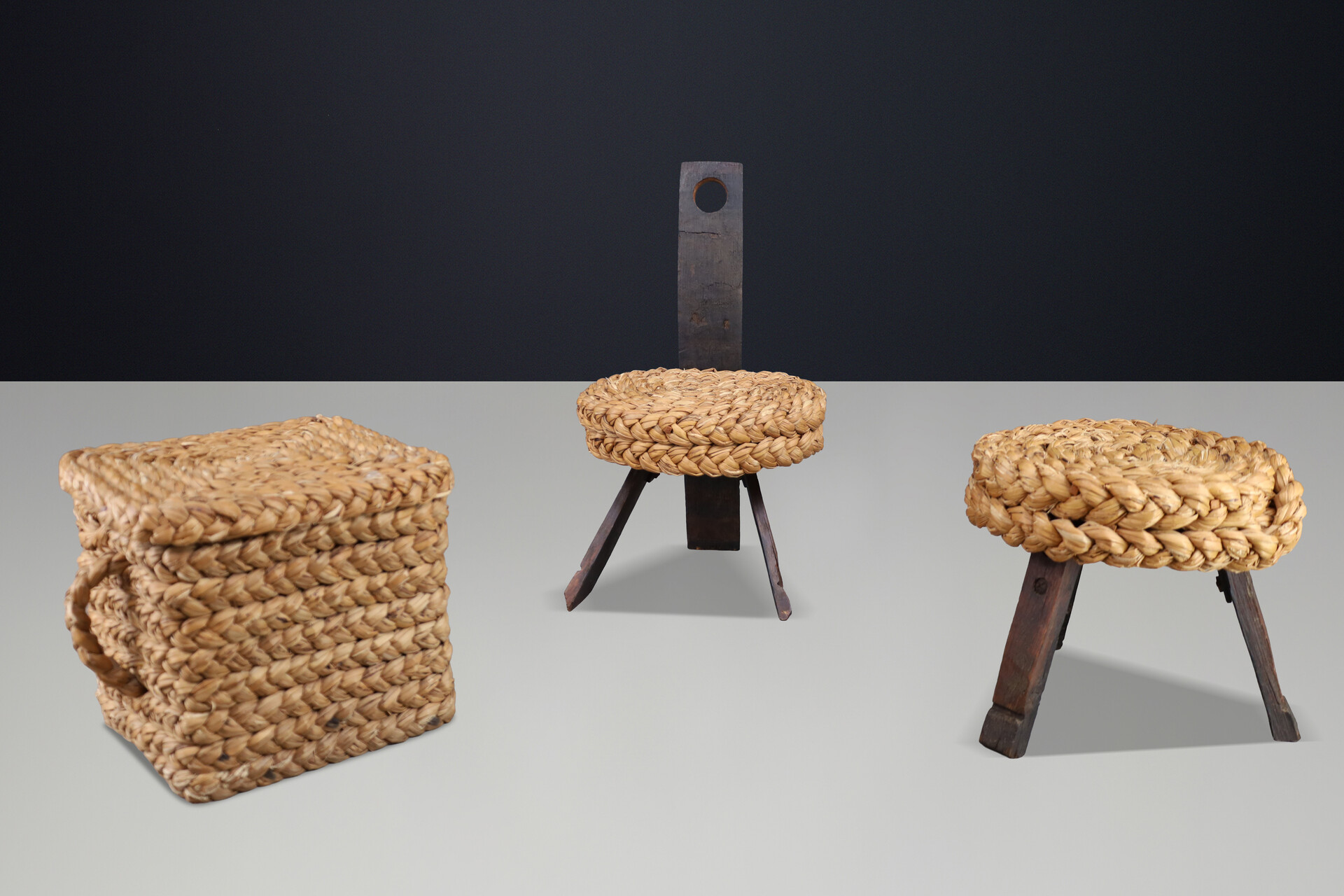 Mid century modern Audoux Minet Rope Chair, Stool & Basket, France, 1960s Set Mid-20th century