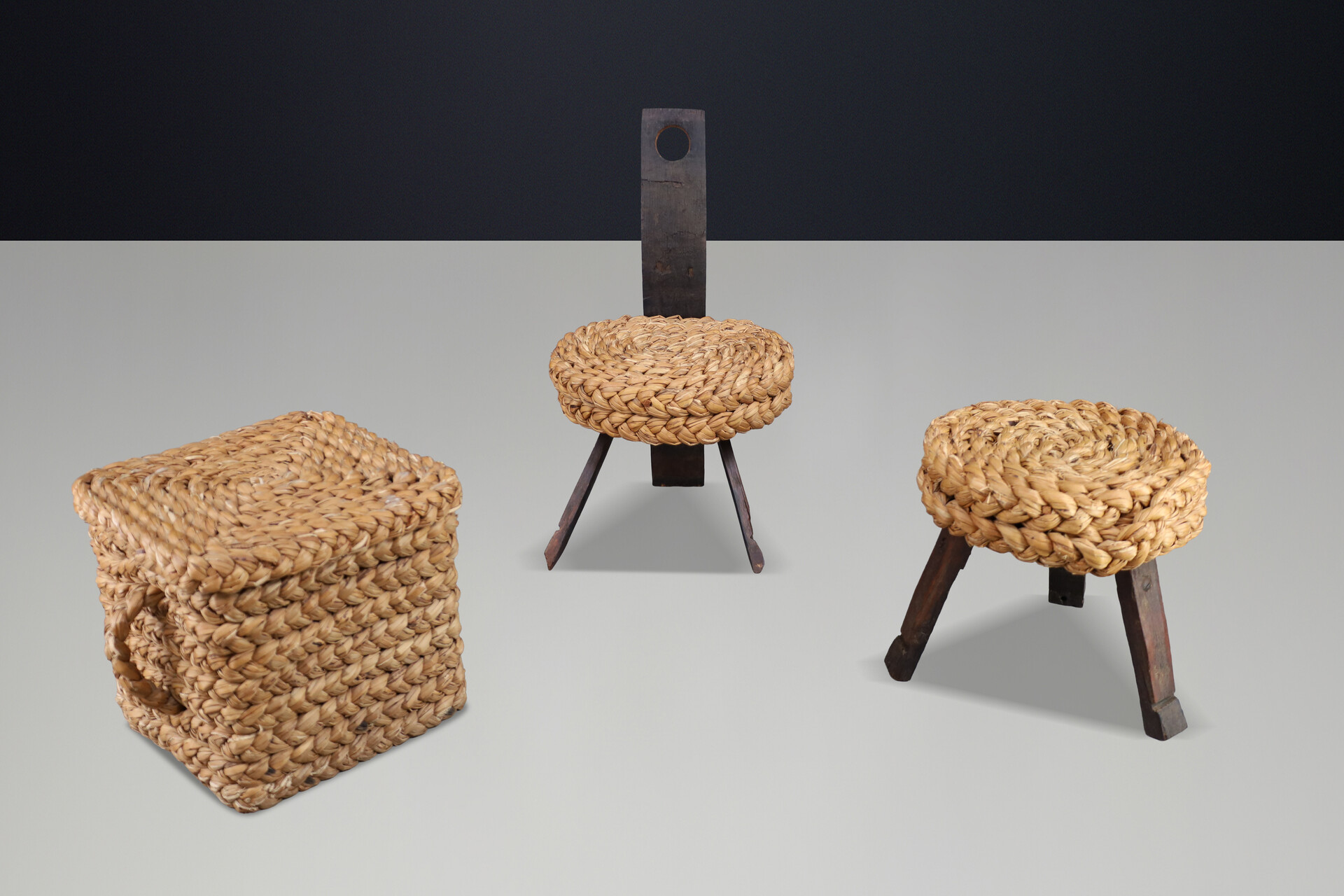 Mid century modern Audoux Minet Rope Chair, Stool & Basket, France, 1960s Set Mid-20th century