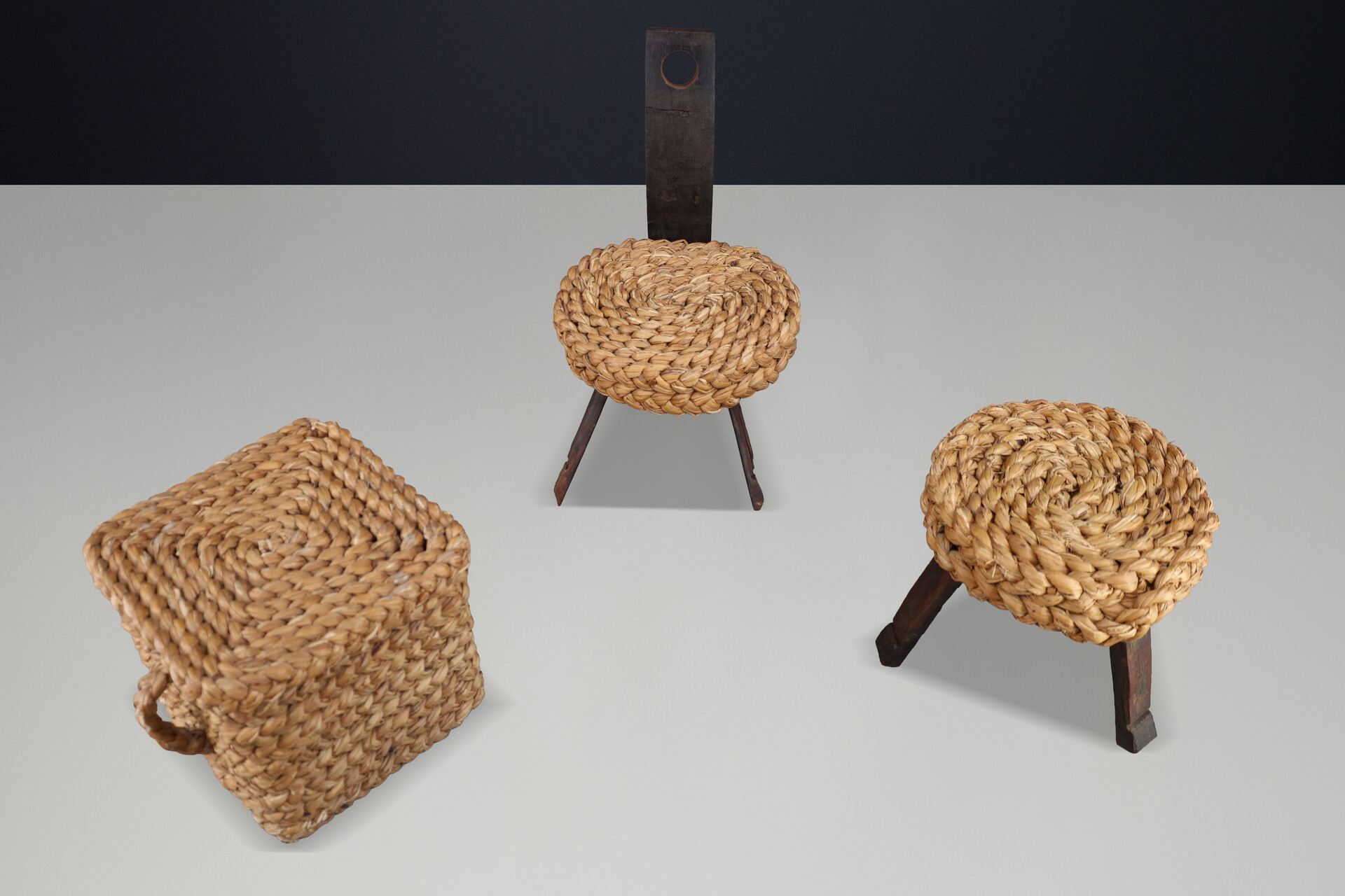 Mid century modern Audoux Minet Rope Chair, Stool & Basket, France, 1960s Set Mid-20th century