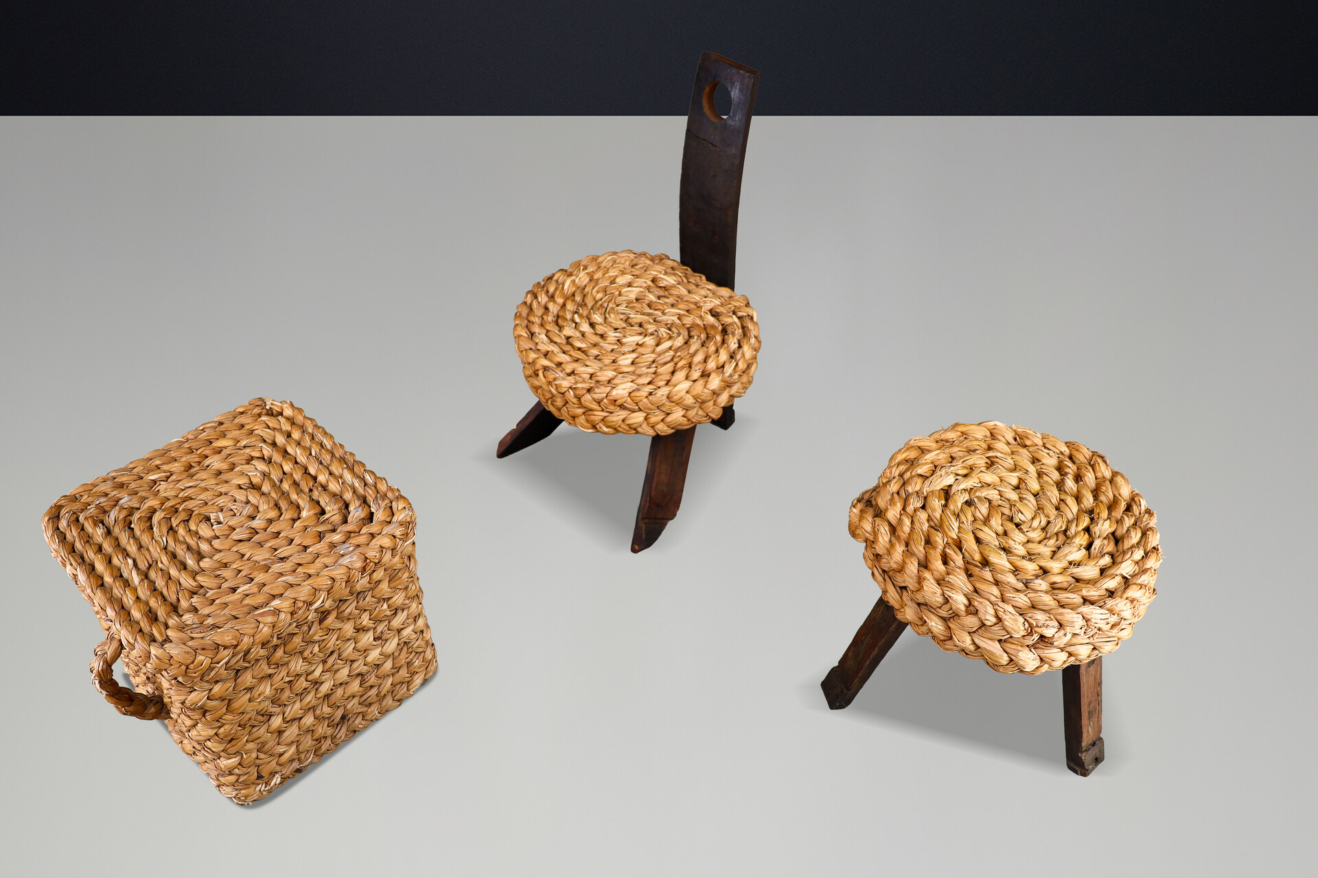 Mid century modern Audoux Minet Rope Chair, Stool & Basket, France, 1960s Set Mid-20th century