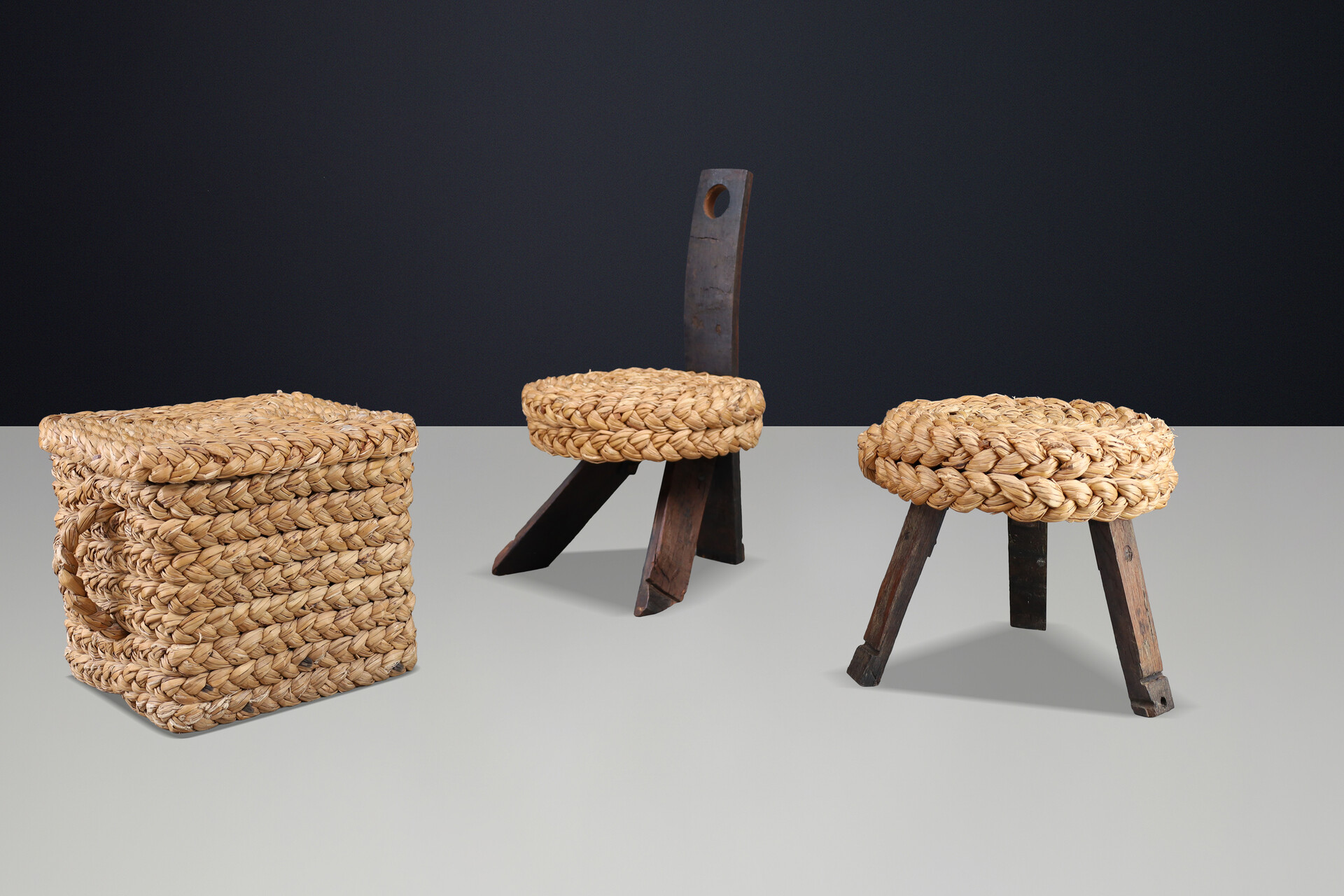 Mid century modern Audoux Minet Rope Chair, Stool & Basket, France, 1960s Set Mid-20th century