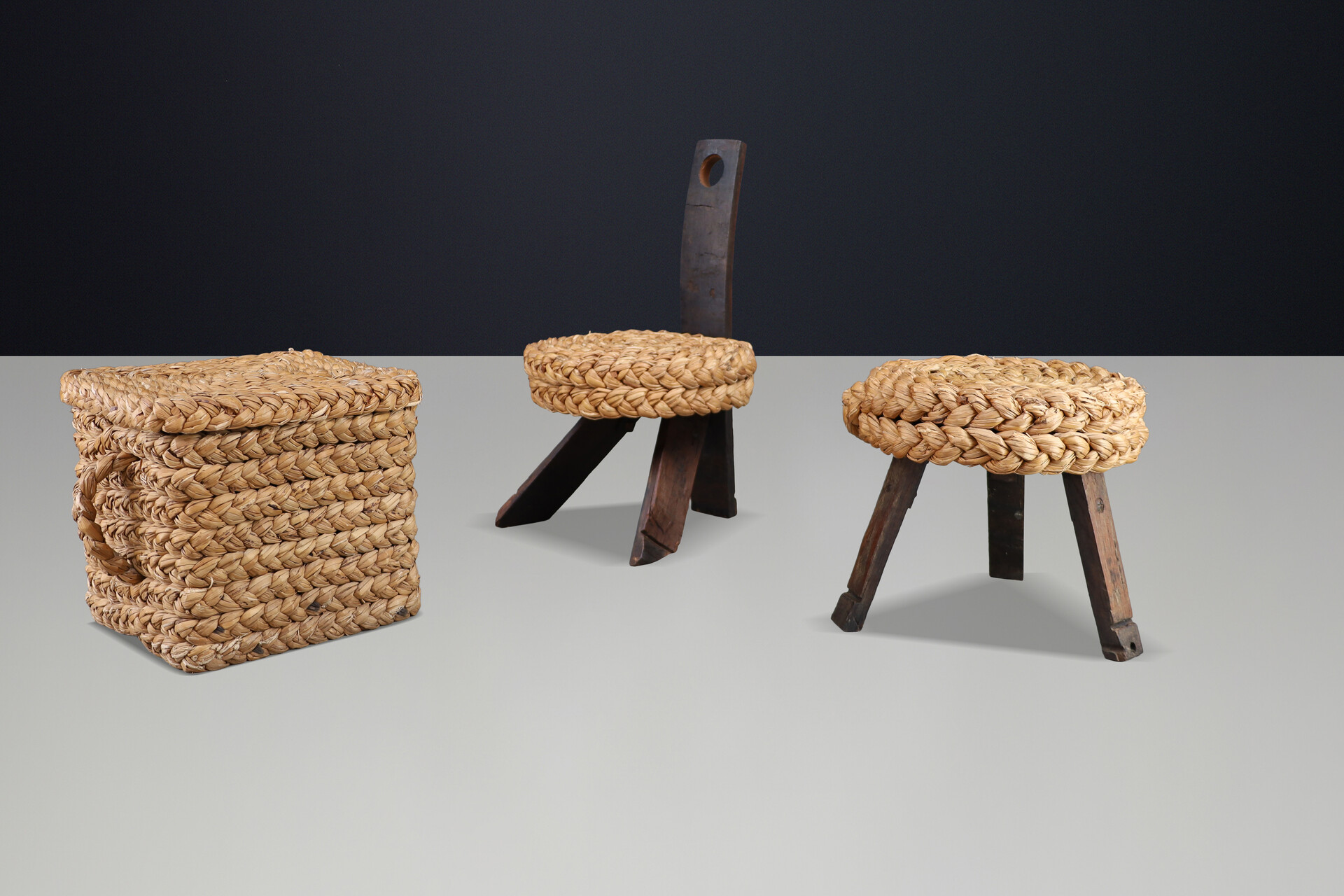 Mid century modern Audoux Minet Rope Chair, Stool & Basket, France, 1960s Set Mid-20th century