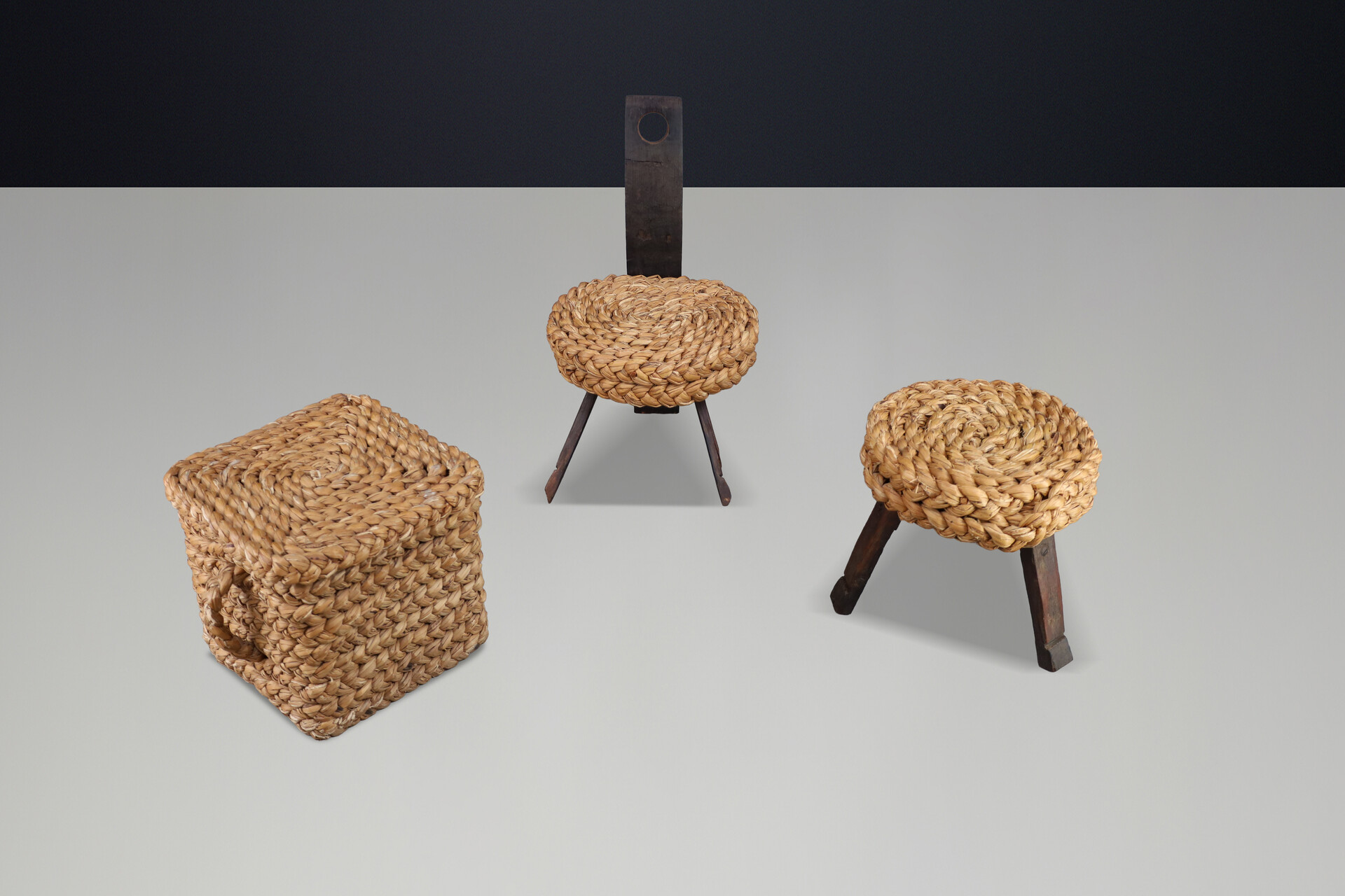 Mid century modern Audoux Minet Rope Chair, Stool & Basket, France, 1960s Set Mid-20th century