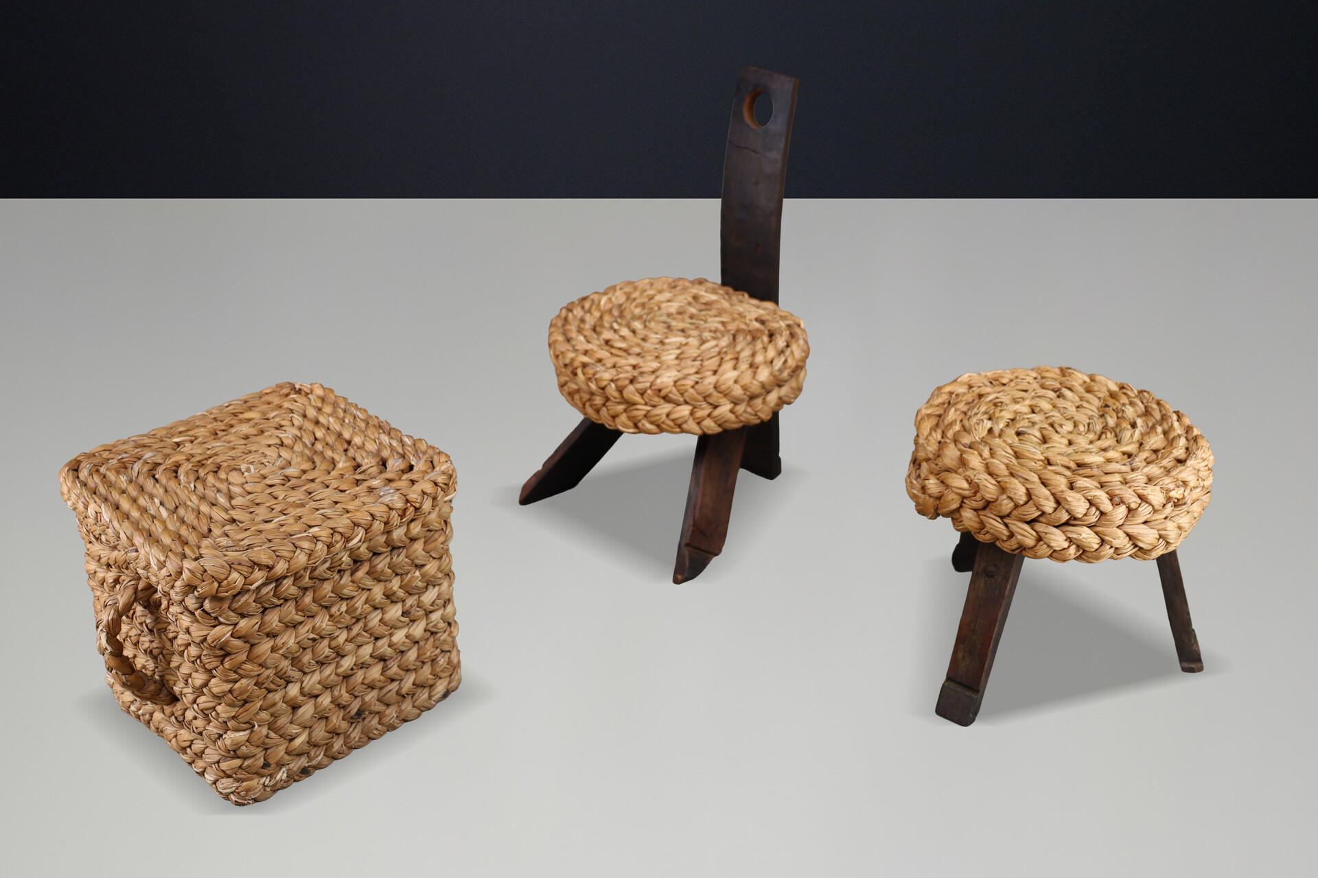 Mid century modern Audoux Minet Rope Chair, Stool & Basket, France, 1960s Set Mid-20th century