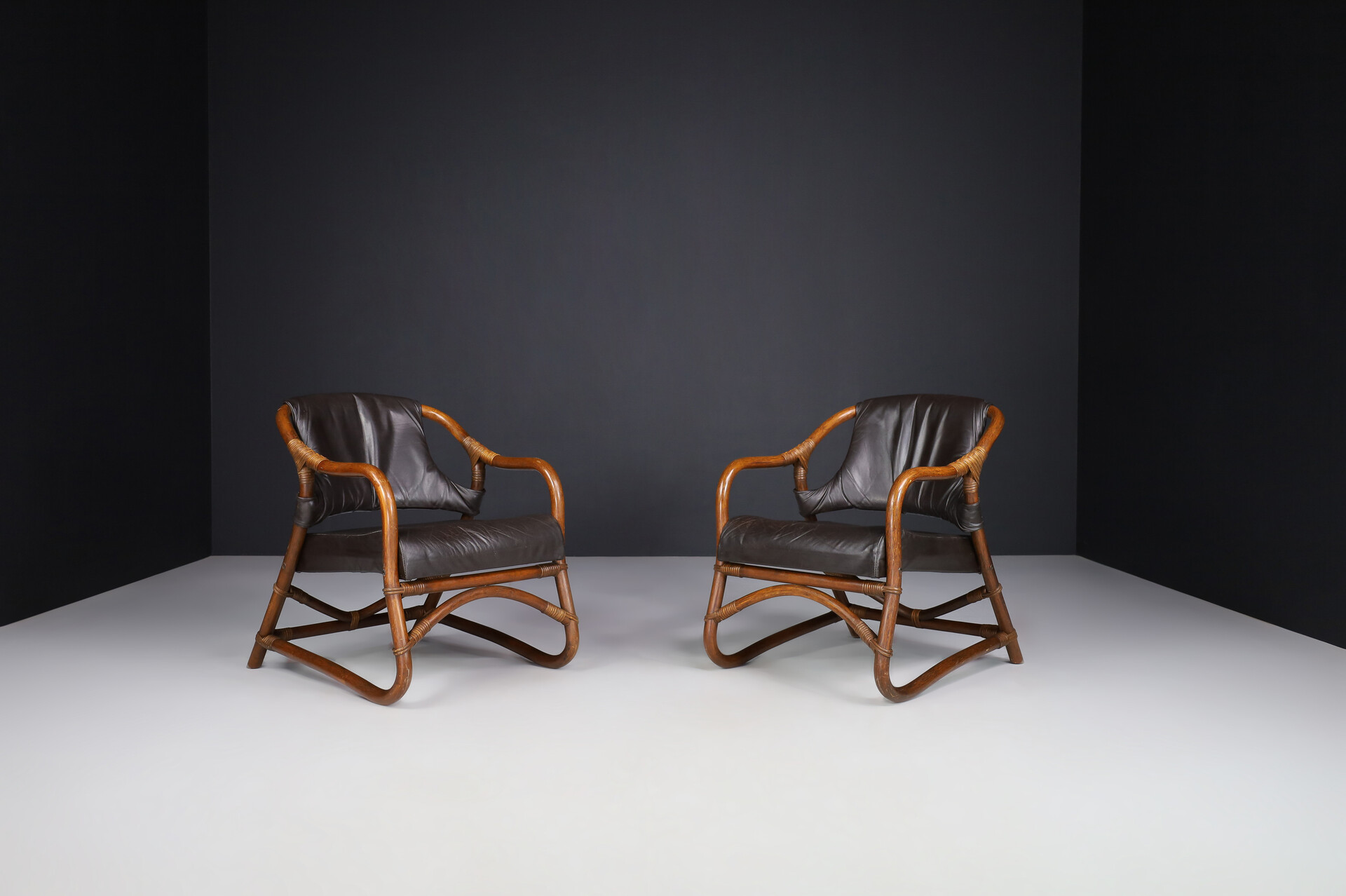 Mid century modern Bamboo and leather armchairs, Italy 1970s Late-20th century