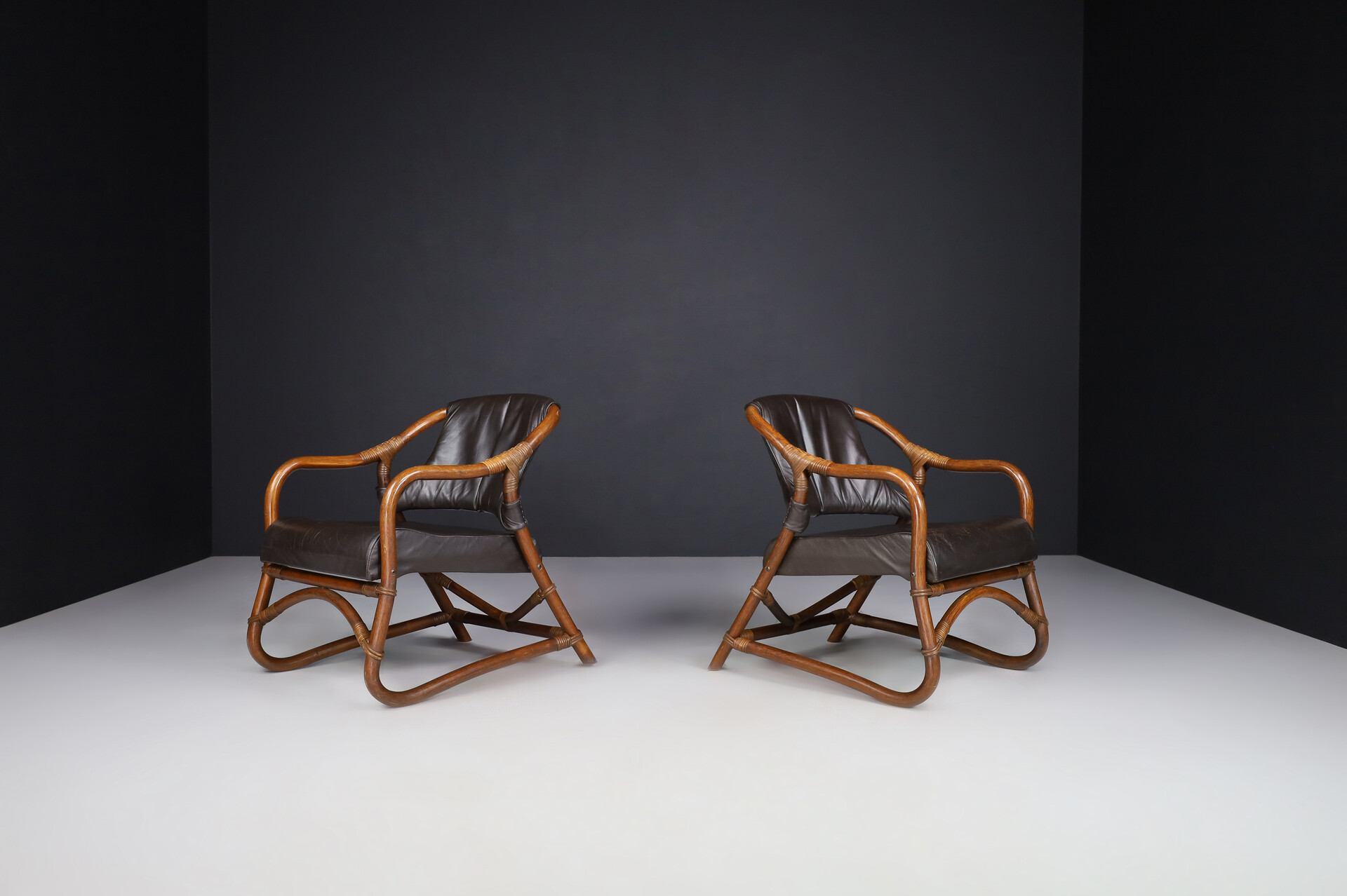 Mid century modern Bamboo and leather armchairs, Italy 1970s Late-20th century