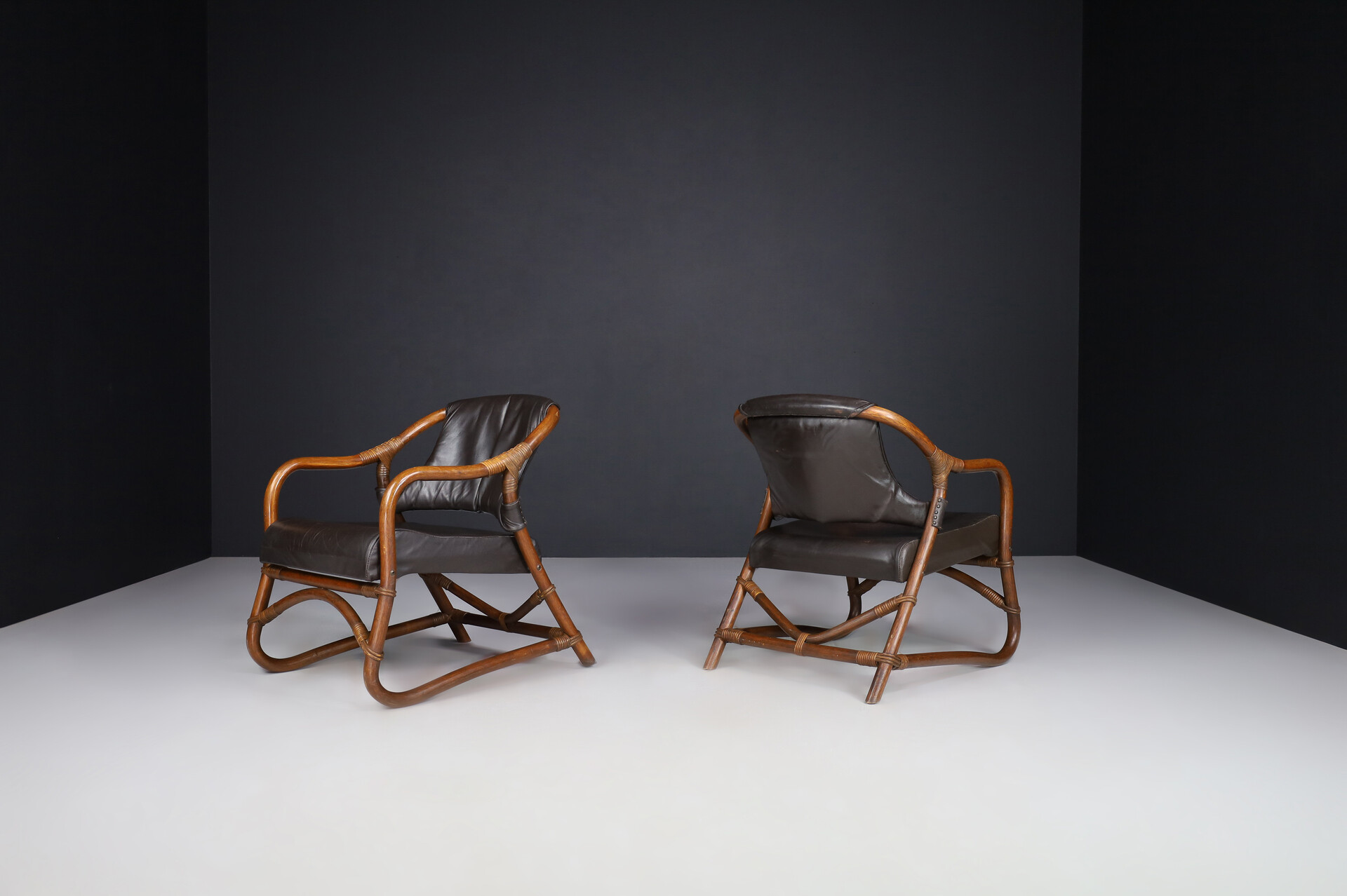 Mid century modern Bamboo and leather armchairs, Italy 1970s Late-20th century