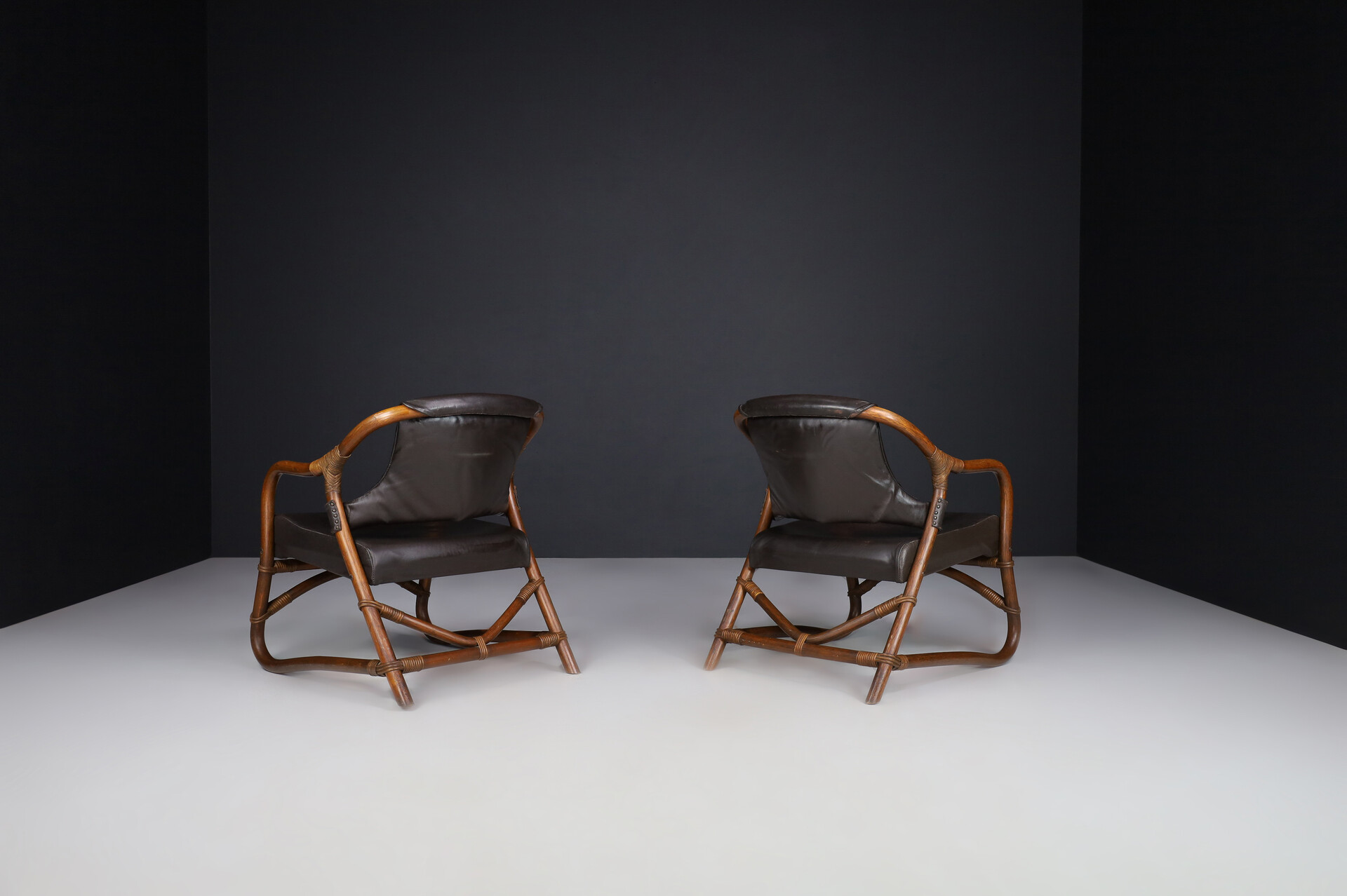 Mid century modern Bamboo and leather armchairs, Italy 1970s Late-20th century