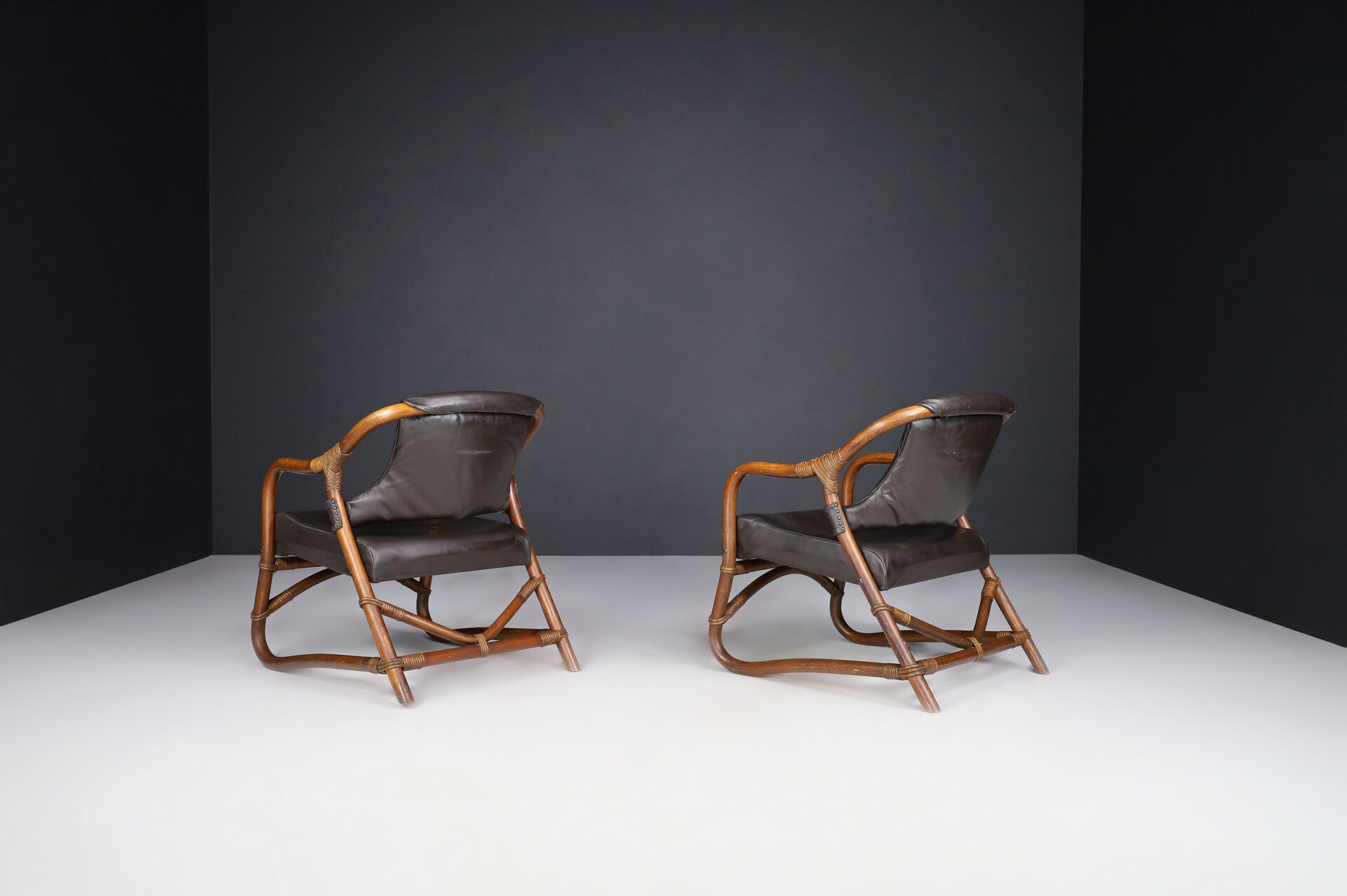 Mid century modern Bamboo and leather armchairs, Italy 1970s Late-20th century