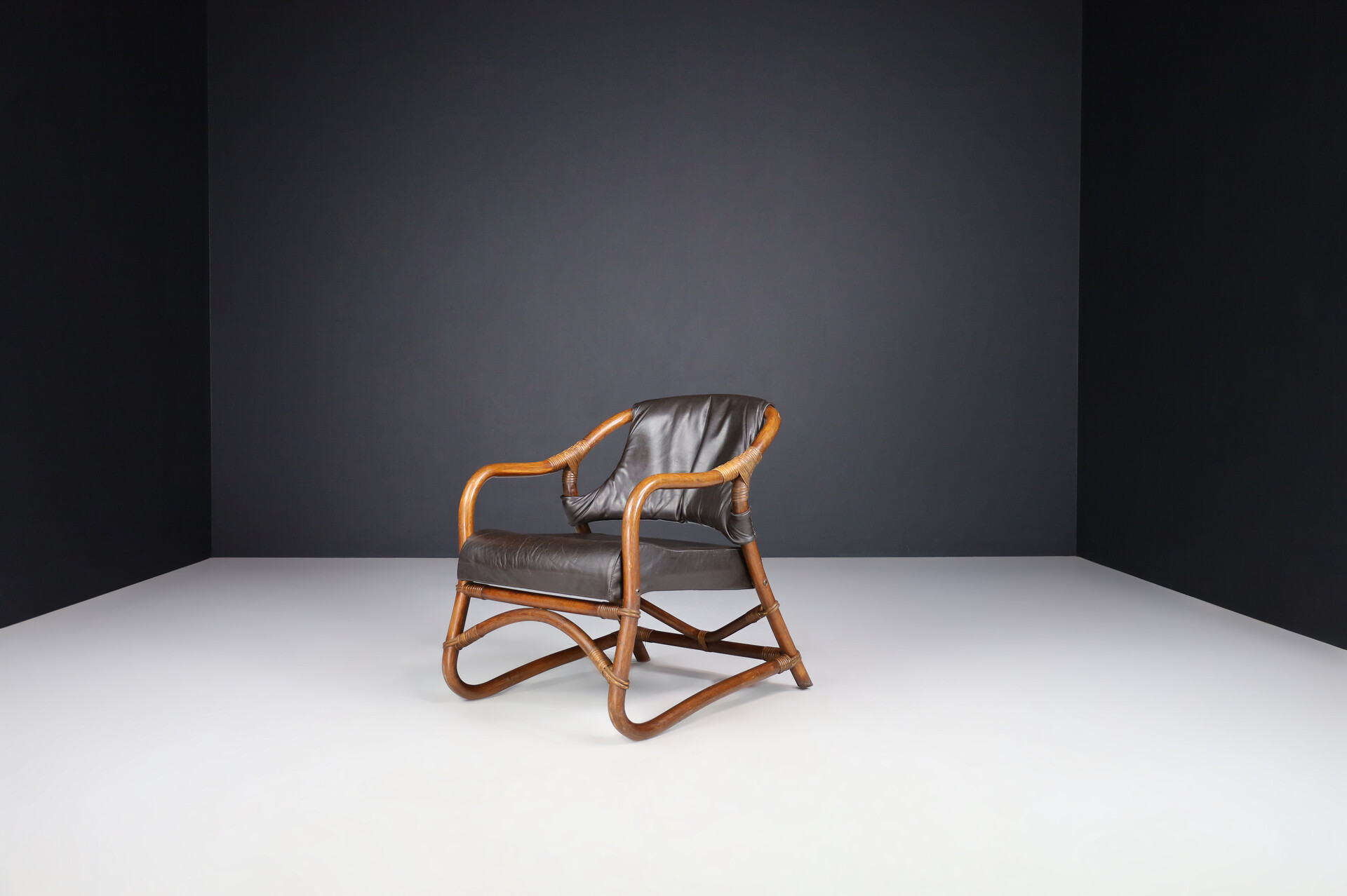 Mid century modern Bamboo and leather armchairs, Italy 1970s Late-20th century