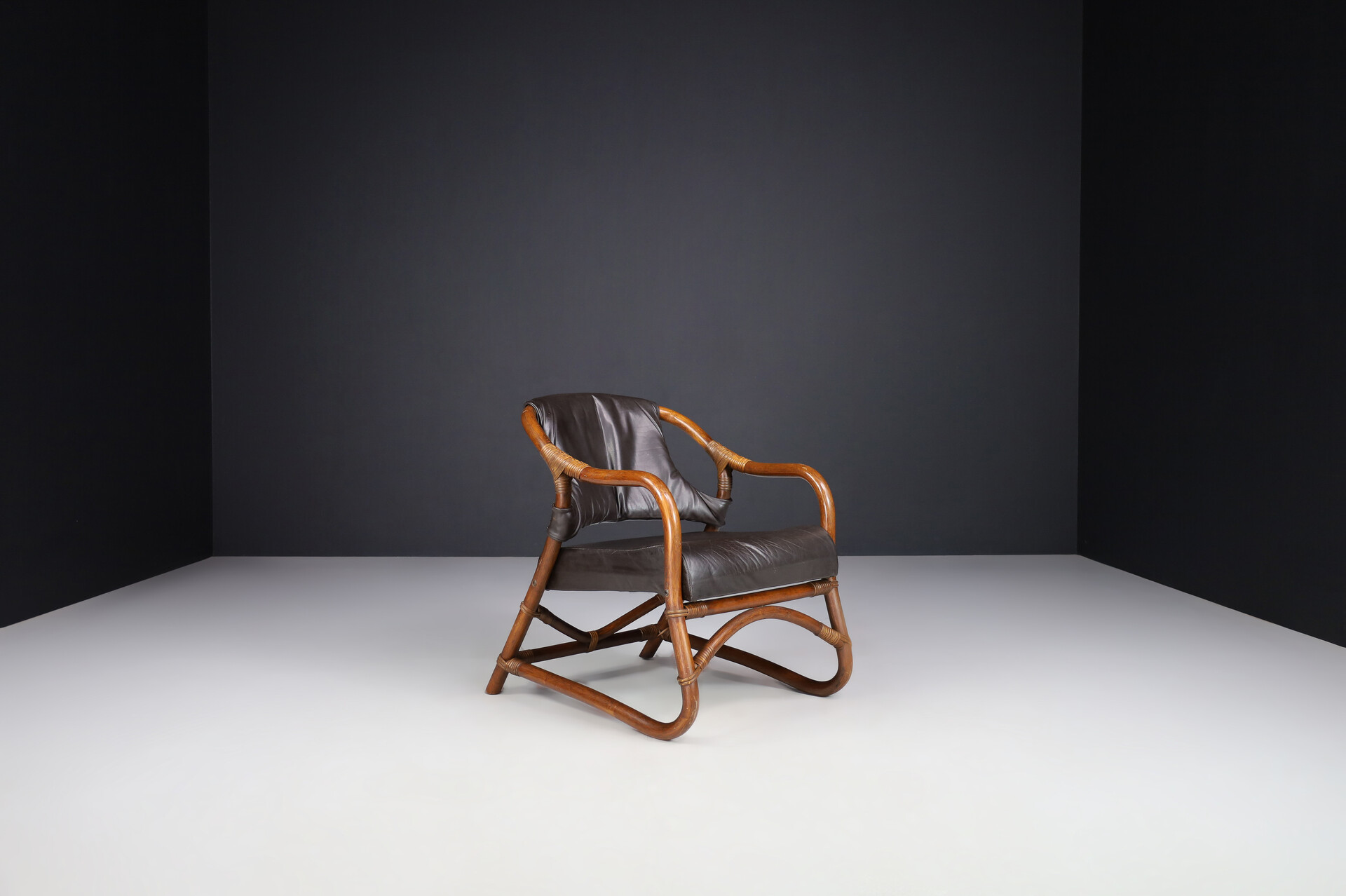 Mid century modern Bamboo and leather armchairs, Italy 1970s Late-20th century
