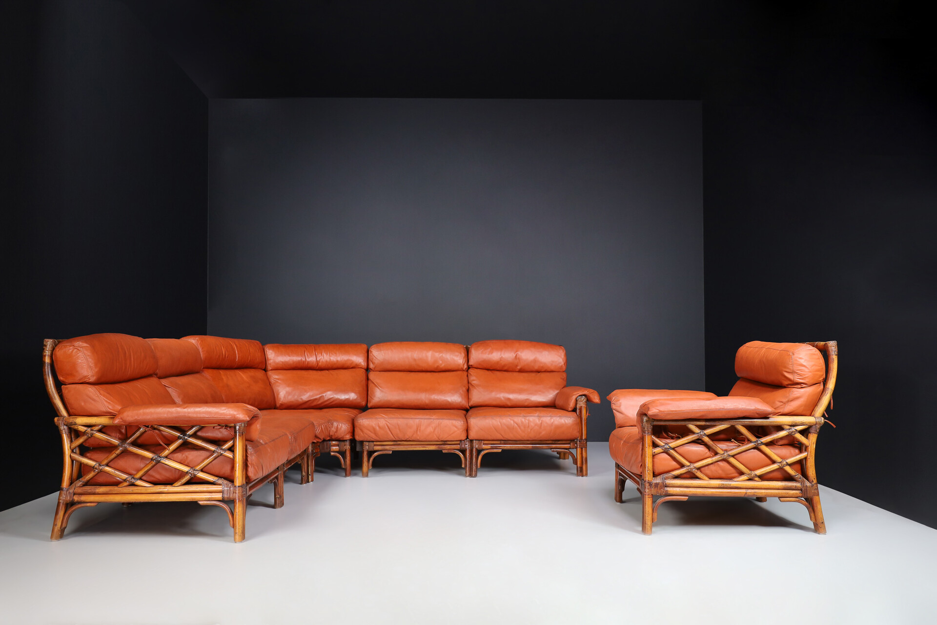 Mid century modern Bamboo and Leather sofa and armchair , France 1970s Late-20th century