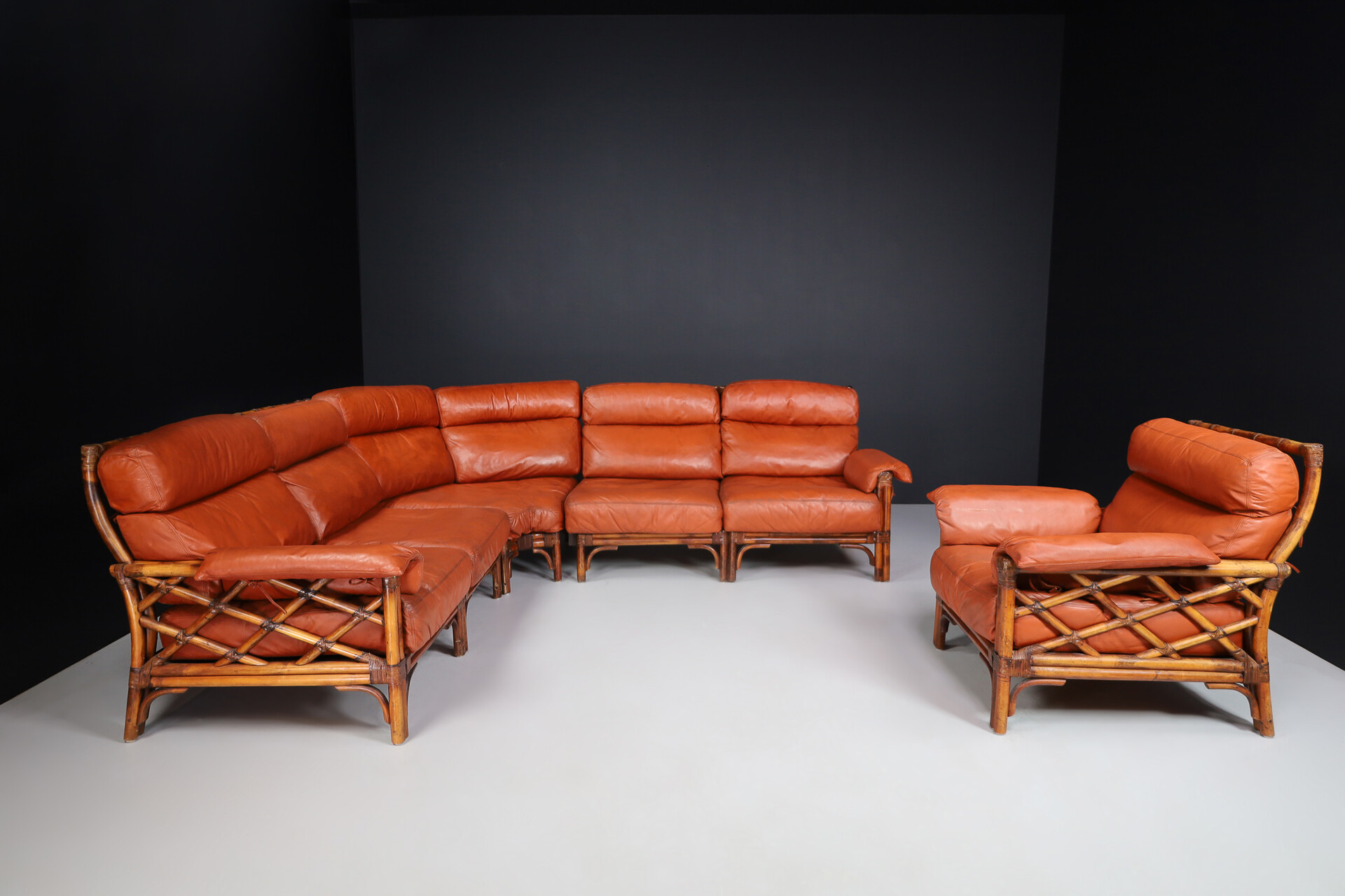 Mid century modern Bamboo and Leather sofa and armchair , France 1970s Late-20th century