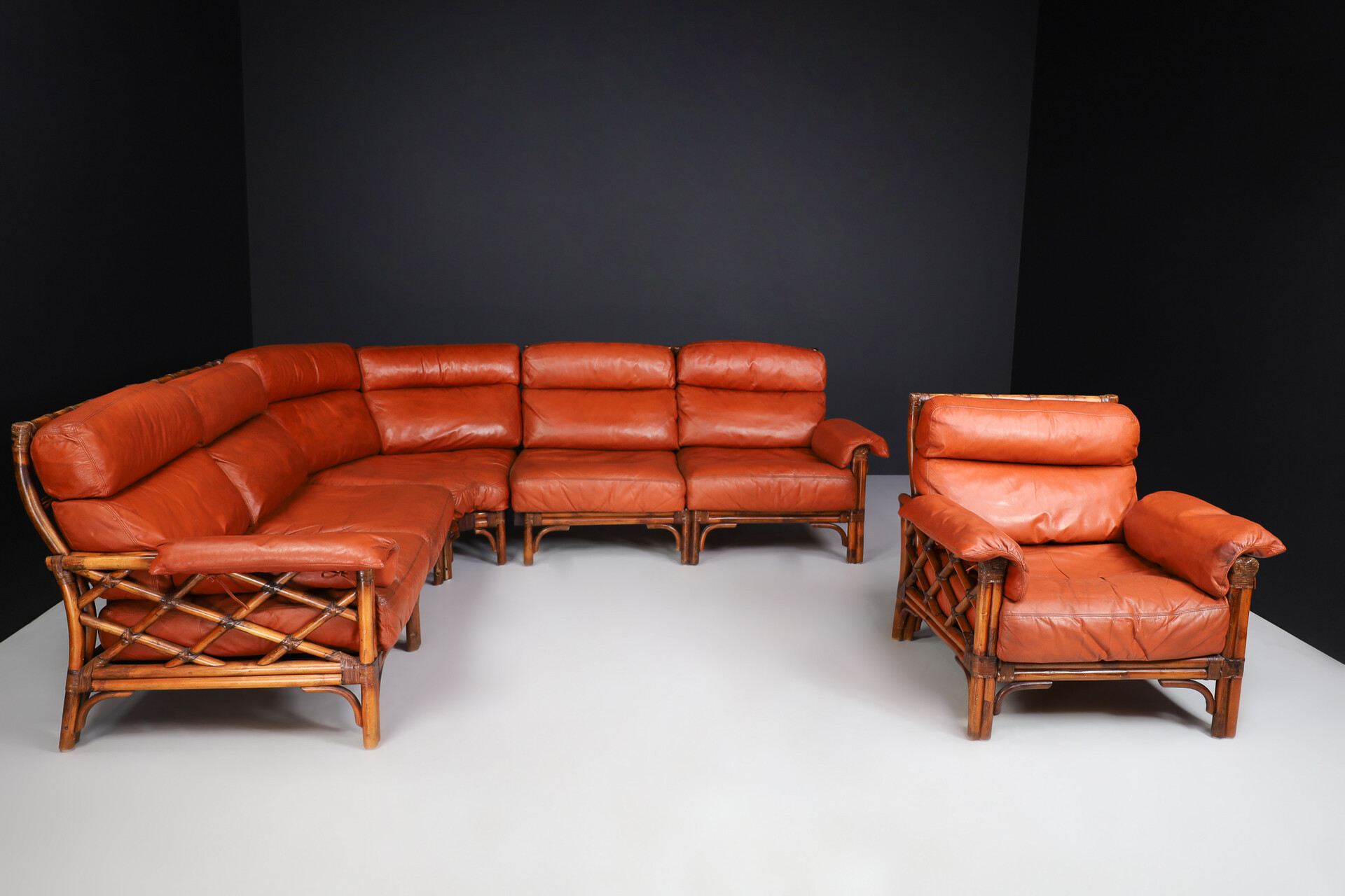 Mid century modern Bamboo and Leather sofa and armchair , France 1970s Late-20th century