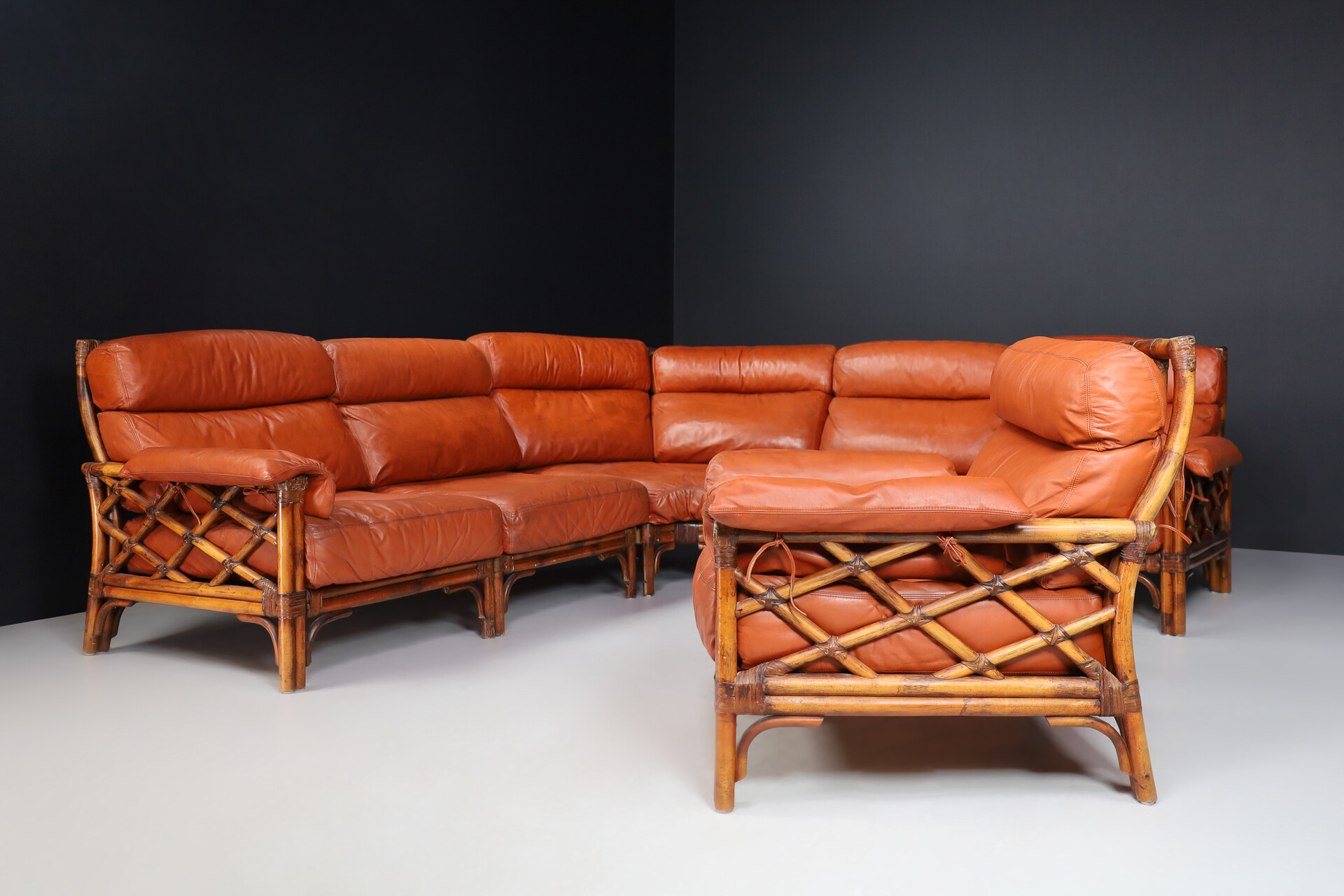 Mid century modern Bamboo and Leather sofa and armchair , France 1970s Late-20th century