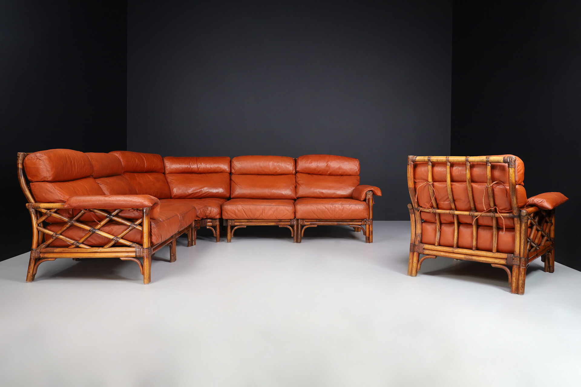 Mid century modern Bamboo and Leather sofa and armchair , France 1970s Late-20th century