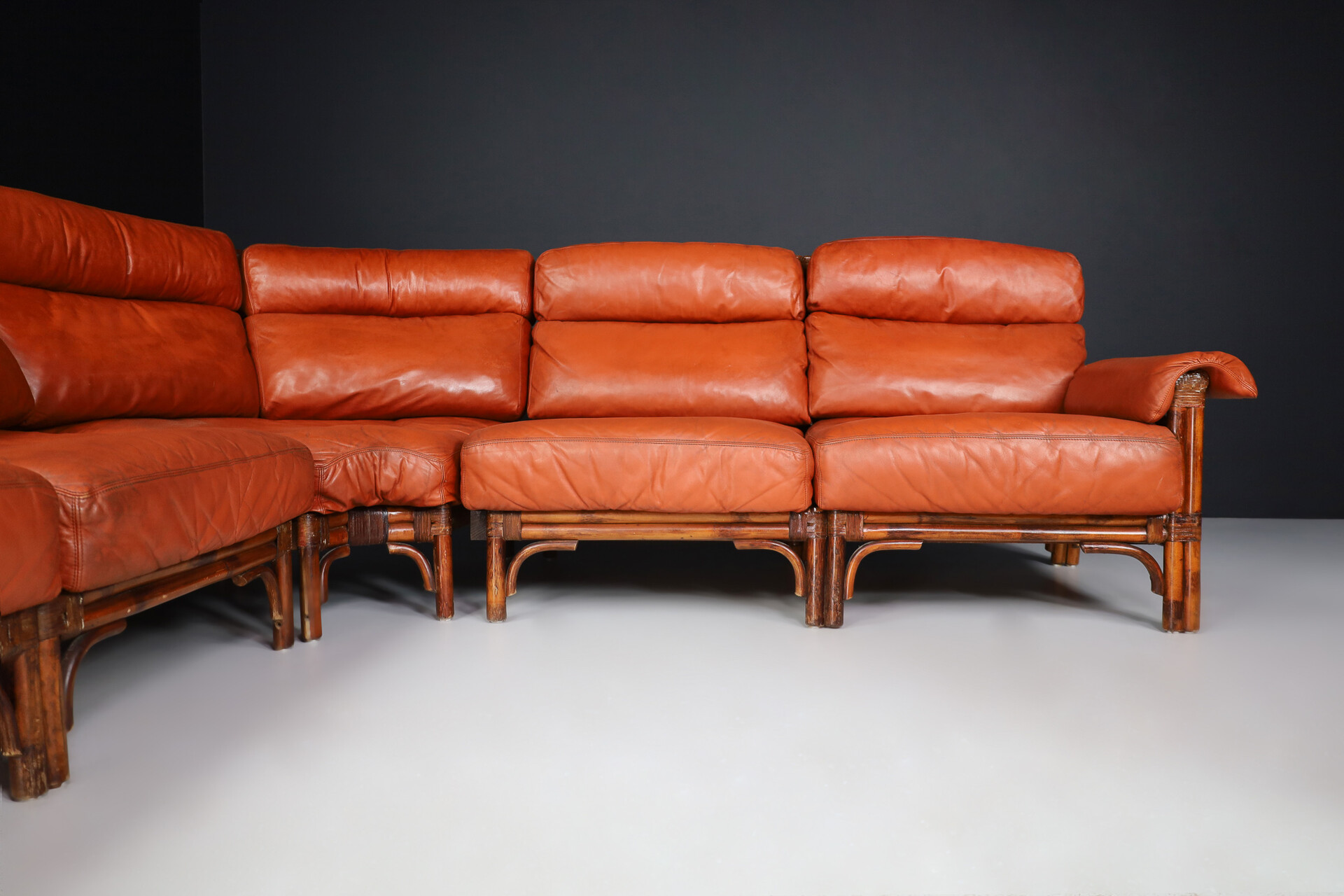 Mid century modern Bamboo and Leather sofa and armchair , France 1970s Late-20th century
