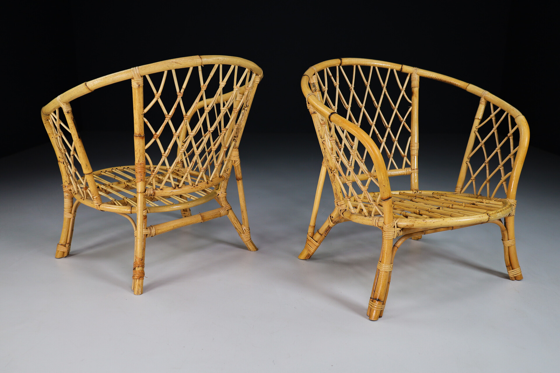 Mid century modern Bamboo and rattan Armchairs set/2 France 1960s Mid-20th century