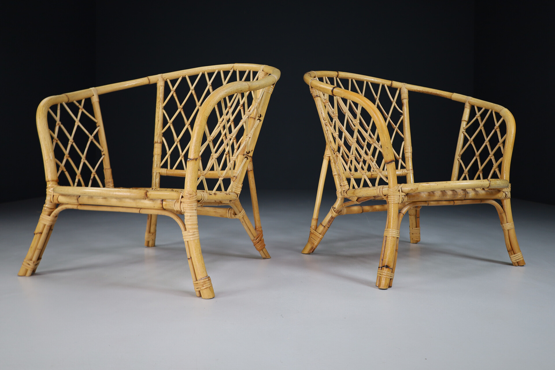 Mid century modern Bamboo and rattan Armchairs set/2 France 1960s Mid-20th century